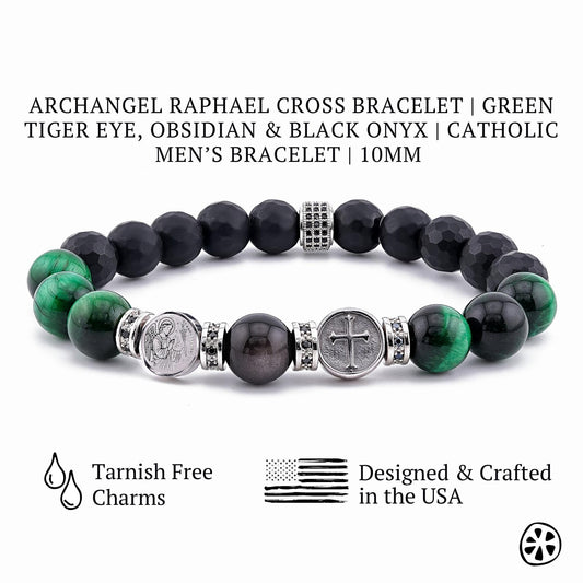 May include: A beaded bracelet featuring green tiger eye, black onyx, and obsidian stones. The bracelet includes a silver-toned cross charm and other decorative elements. The text "ARCHANGEL RAPHAEL CROSS PROTECTION BRACELET" is at the top.