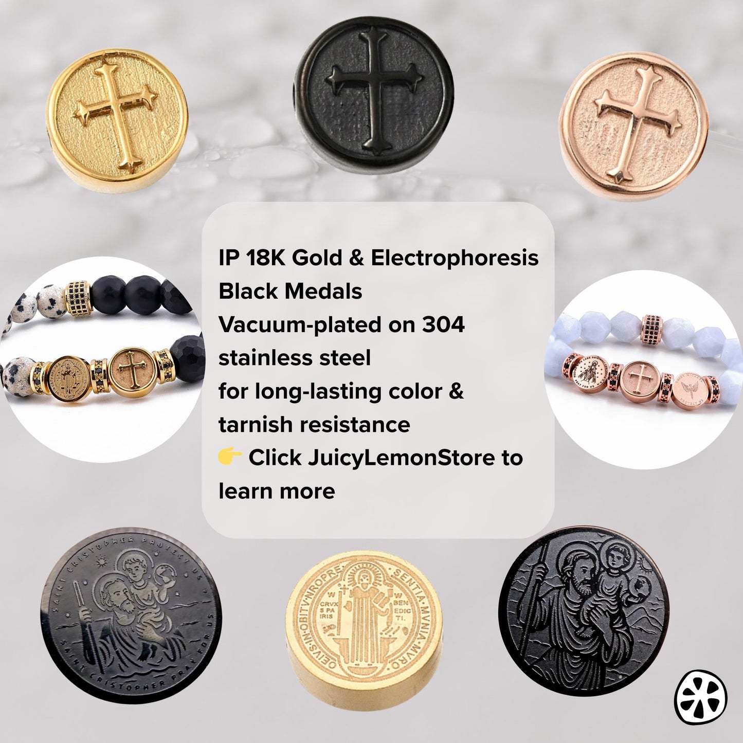 IP 18K gold, black, silver and rose gold Catholic saint medals crafted in durable 304 stainless steel. Includes St Benedict, St Michael Archangel, cross, and St Christopher medals. Ion-plated vacuum finish ensures rich color, tarnish resistance, fade resistance and hypoallergenic quality, ideal for religious bracelets, protection jewelry and everyday devotional wear. JuicyLemonStore