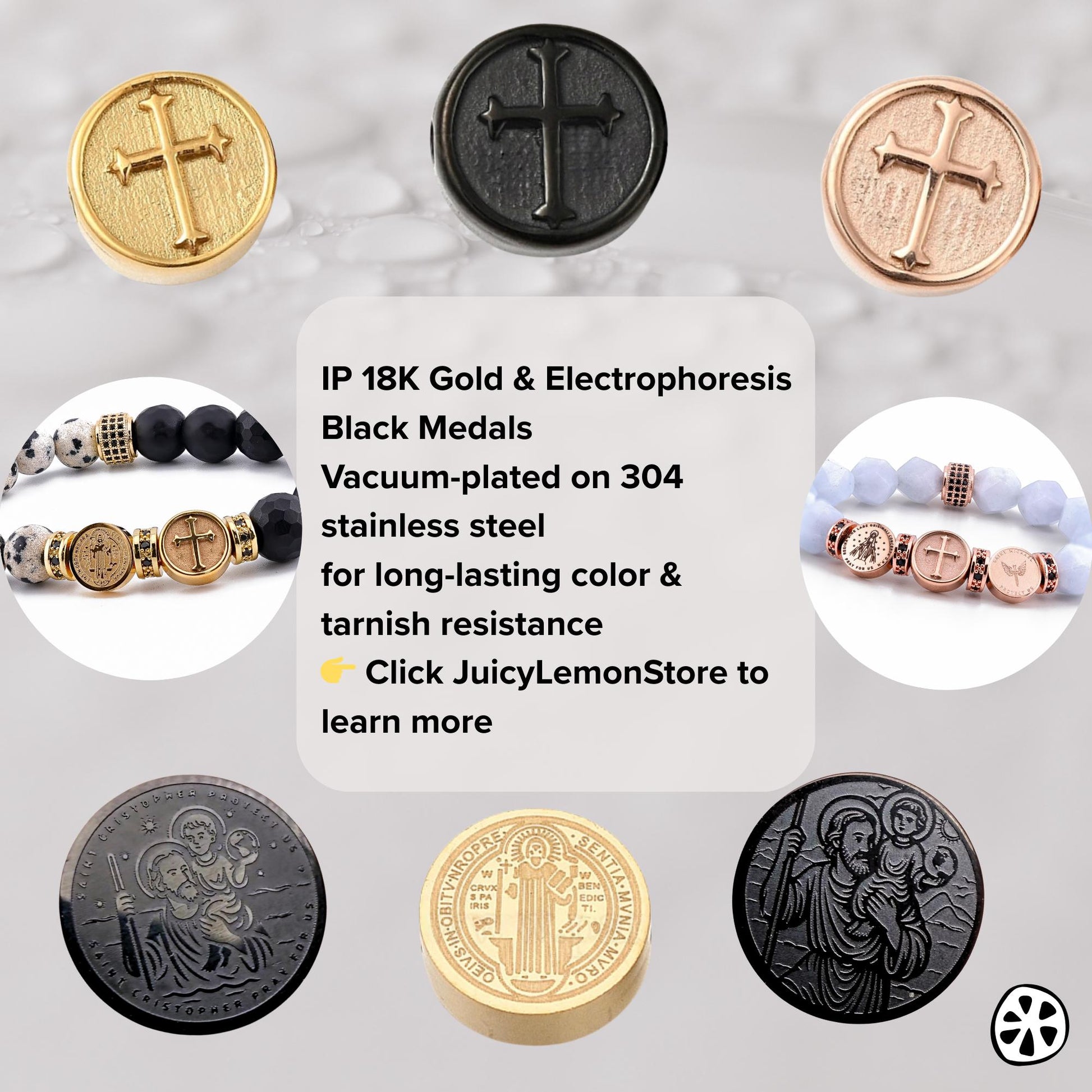 IP 18K gold, black, silver and rose gold Catholic saint medals crafted in durable 304 stainless steel. Includes St Benedict, St Michael Archangel, cross, and St Christopher medals. Ion-plated vacuum finish ensures rich color, tarnish resistance, fade resistance and hypoallergenic quality, ideal for religious bracelets, protection jewelry and everyday devotional wear. JuicyLemonStore