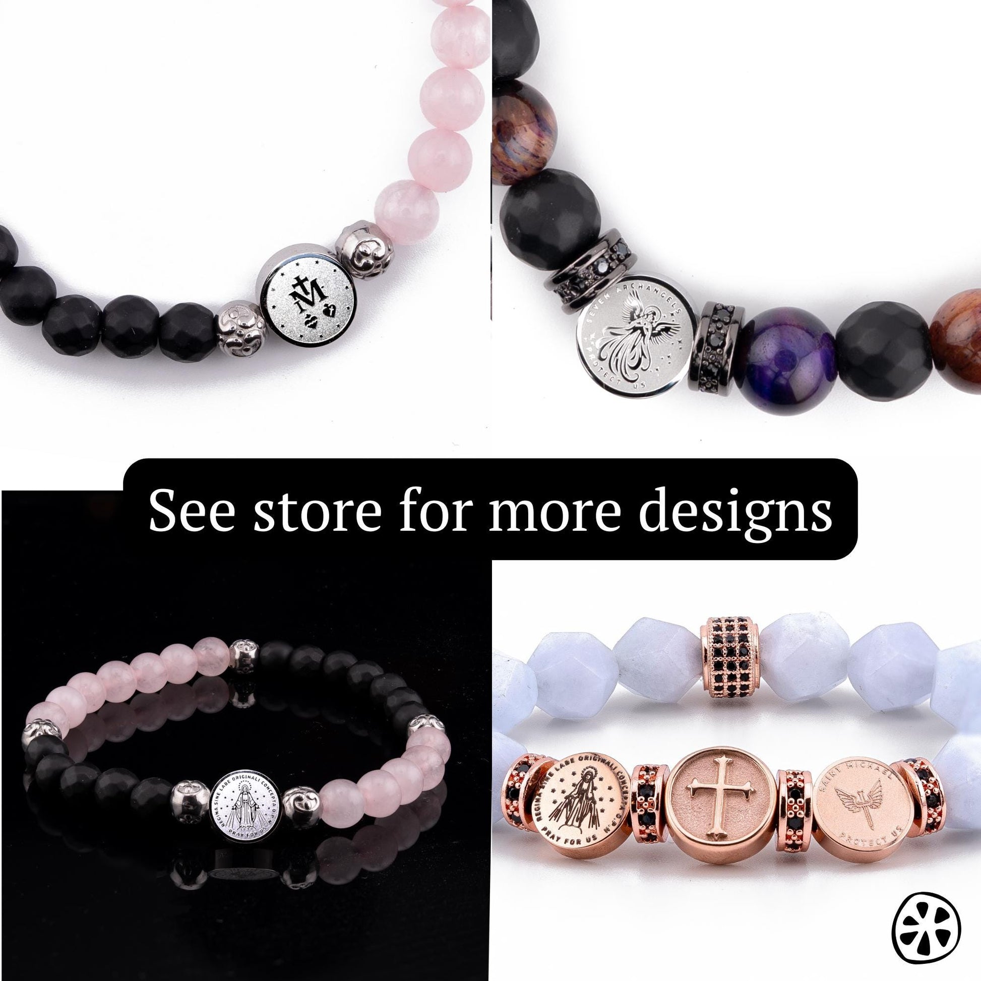 St. Christopher Traveler Protection Bracelet, Lake Blue Cloisonné & Black Onyx 10mm, Tarnish-Free PVD Stainless Steel Catholic Men’s Gift