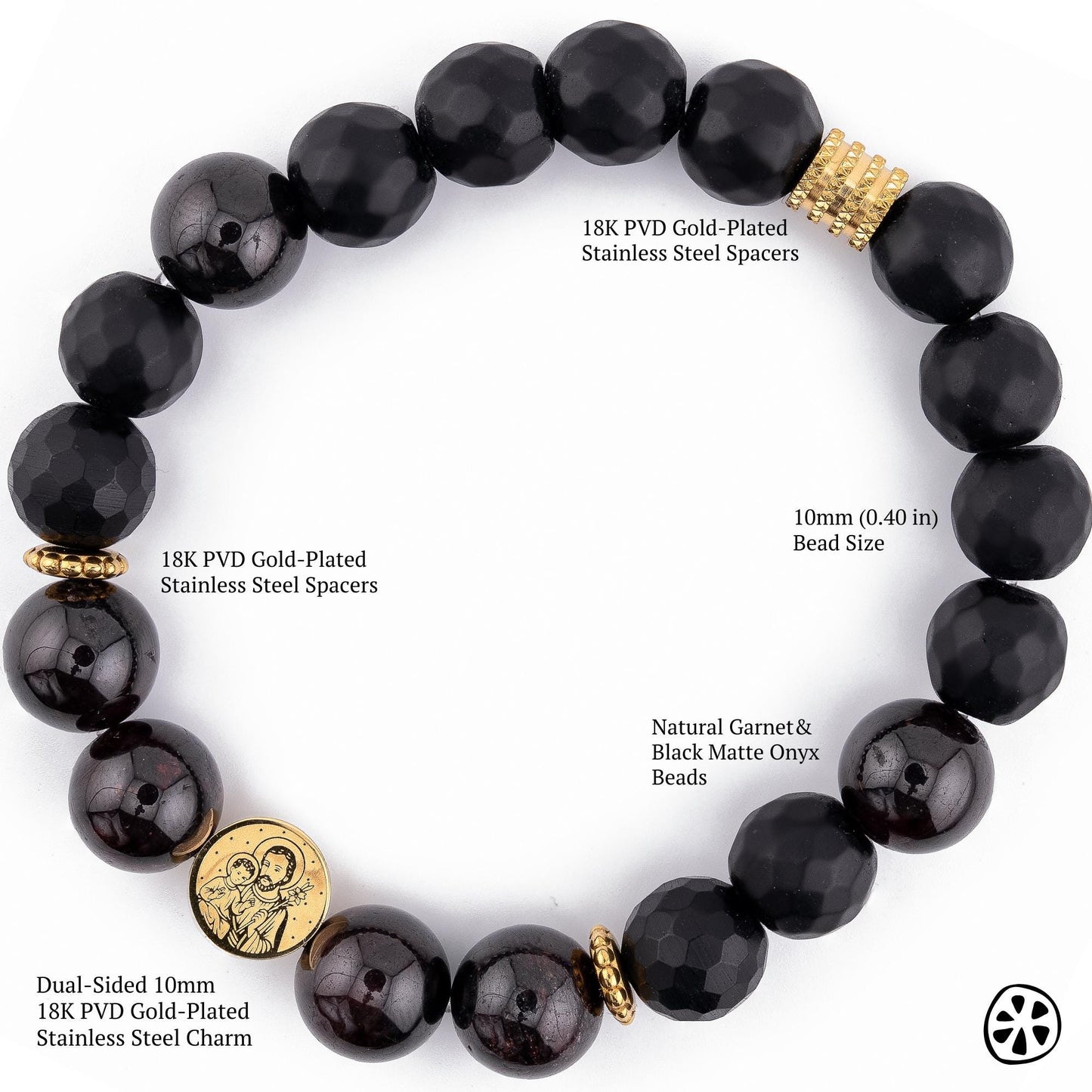 Men’s beaded bracelet detail showing 10mm natural garnet and black matte onyx stones with faceted texture. Features 18k PVD gold-plated stainless steel spacers and a dual-sided 10mm Sacred Family charm. Durable, tarnish-resistant materials designed for long-lasting everyday wear. Handmade men’s Catholic jewelry with premium gemstones and strong elastic cord. JuicyLemonStore