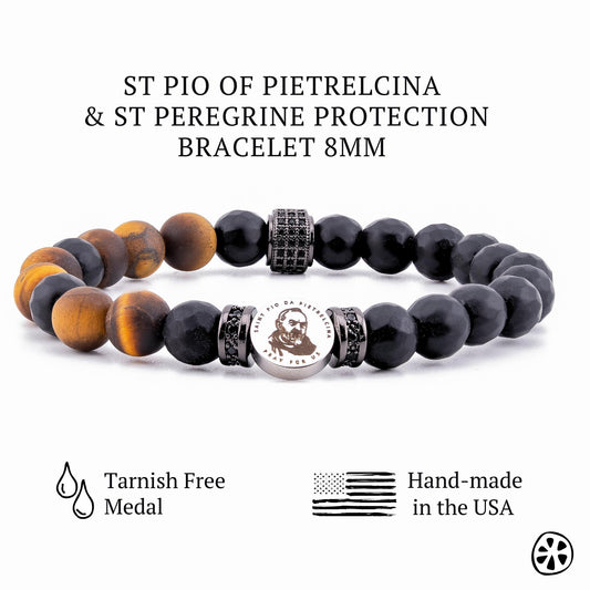 St Padre Pio of Pietrelcina and St Peregrine men’s Catholic protection bracelet with matte black onyx and tiger eye 8mm gemstone beads, CZ brass crystal spacers, and a dual-sided 10mm stainless steel saint medal. Handmade in the USA, tarnish-free and hypoallergenic. Meaningful religious jewelry for men designed for everyday wear, prayer, faith, healing, hope, spiritual strength, and protection.