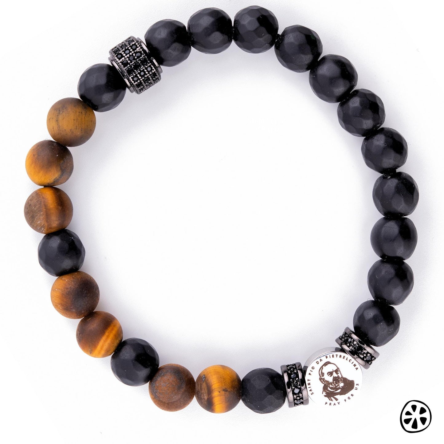 St Padre Pio of Pietrelcina men’s Catholic protection bracelet with matte black onyx and tiger eye 8mm gemstone beads, CZ brass crystal spacers, and a 10mm stainless steel saint medal. St Padre Pio is known for miracles, deep devotion, and spiritual guidance, often prayed to for protection, strength, healing, and comfort. Handmade in the USA, tarnish free and hypoallergenic religious jewelry for daily wear, prayer, faith, Catholic devotion, spiritual strength, and meaningful gifts for men.