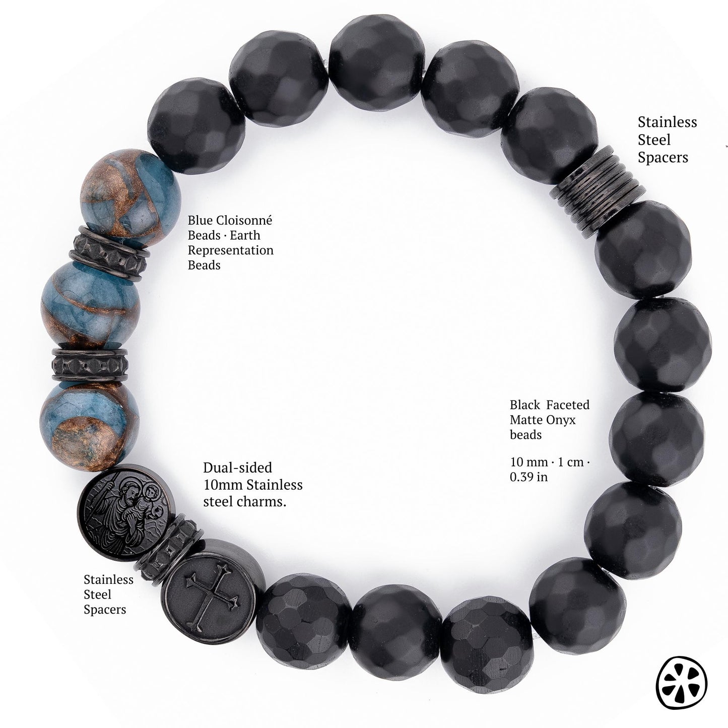 St. Christopher Traveler Protection Bracelet, Lake Blue Cloisonné & Black Onyx 10mm, Tarnish-Free PVD Stainless Steel Catholic Men’s Gift