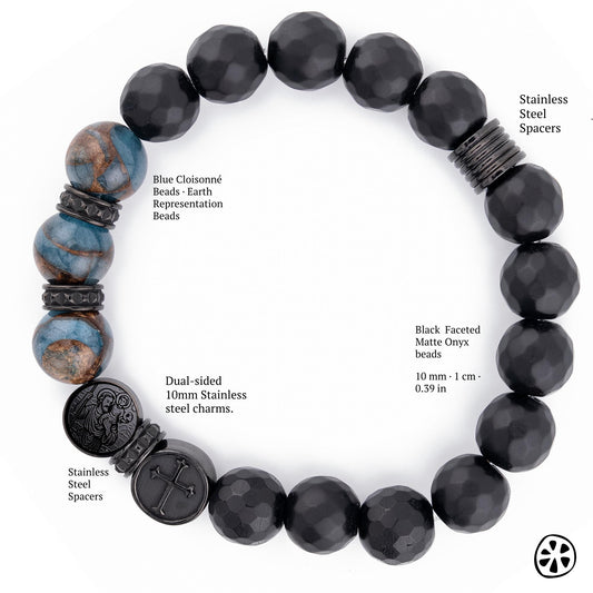 St. Christopher Traveler Protection Bracelet, Lake Blue Cloisonné & Black Onyx 10mm, Tarnish-Free PVD Stainless Steel Catholic Men’s Gift