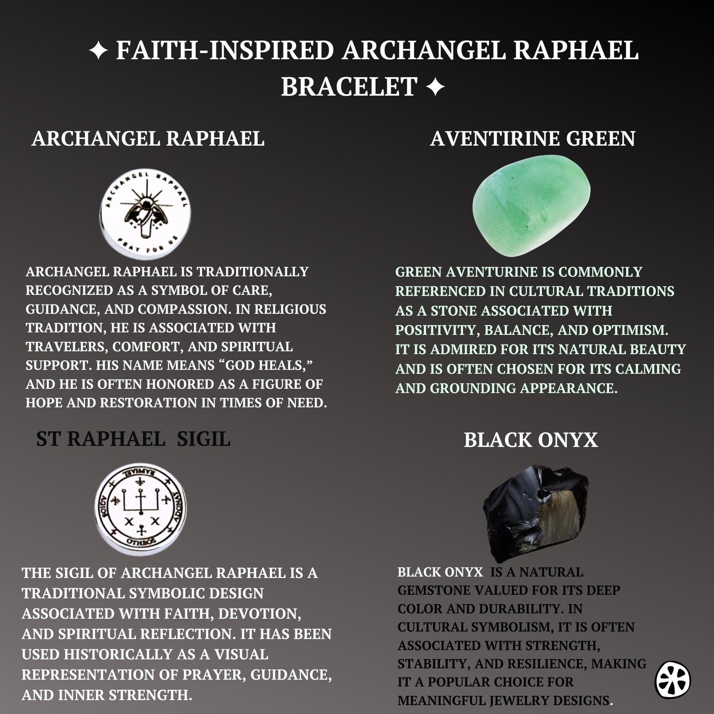 Archangel Raphael bracelet with 10mm natural green gemstone beads and matte black onyx beads, accented with black CZ spacers. Features a tarnish-free stainless steel Archangel Raphael charm engraved with “Pray for Us.” Handmade elastic stretch bracelet designed for comfortable everyday wear. Faith-inspired Catholic devotional jewelry, handcrafted in the USA, suitable for men or women and meaningful as a religious gift.