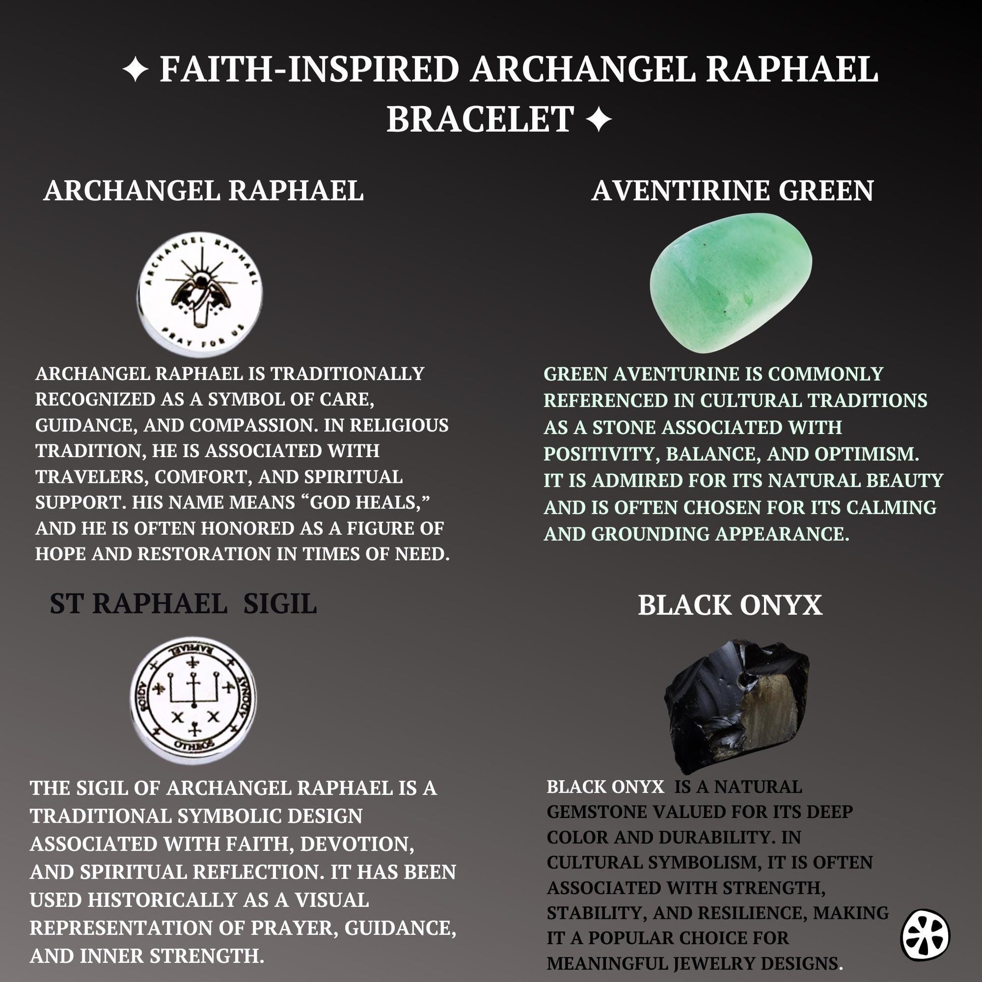 Archangel Raphael bracelet with 10mm natural green gemstone beads and matte black onyx beads, accented with black CZ spacers. Features a tarnish-free stainless steel Archangel Raphael charm engraved with “Pray for Us.” Handmade elastic stretch bracelet designed for comfortable everyday wear. Faith-inspired Catholic devotional jewelry, handcrafted in the USA, suitable for men or women and meaningful as a religious gift.