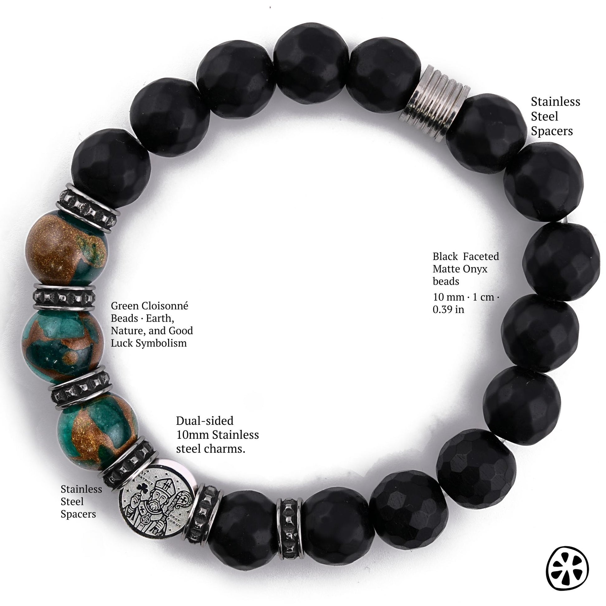 Labeled close-up photo of a handmade St. Patrick Protection Bracelet showing 10mm green cloisonné beads with earth and gold accents, black faceted matte onyx beads, stainless steel spacers, and a dual-sided stainless steel St. Patrick charm. The image includes printed material descriptions indicating bead size, symbolism, and hardware details, highlighting craftsmanship and premium tarnish-free components.