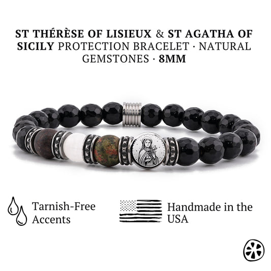 Handmade St. Thérèse of Lisieux and St. Agatha of Sicily protection bracelet featuring natural 8mm gemstones and tarnish-free stainless steel accents. Includes black onyx, selenite, unakite, and bronzite beads surrounding a dual-sided saint medal. Shown on a white background, this Catholic bracelet highlights its polished finish, durable construction, and premium USA craftsmanship. Ideal religious gift for devotion and protection.