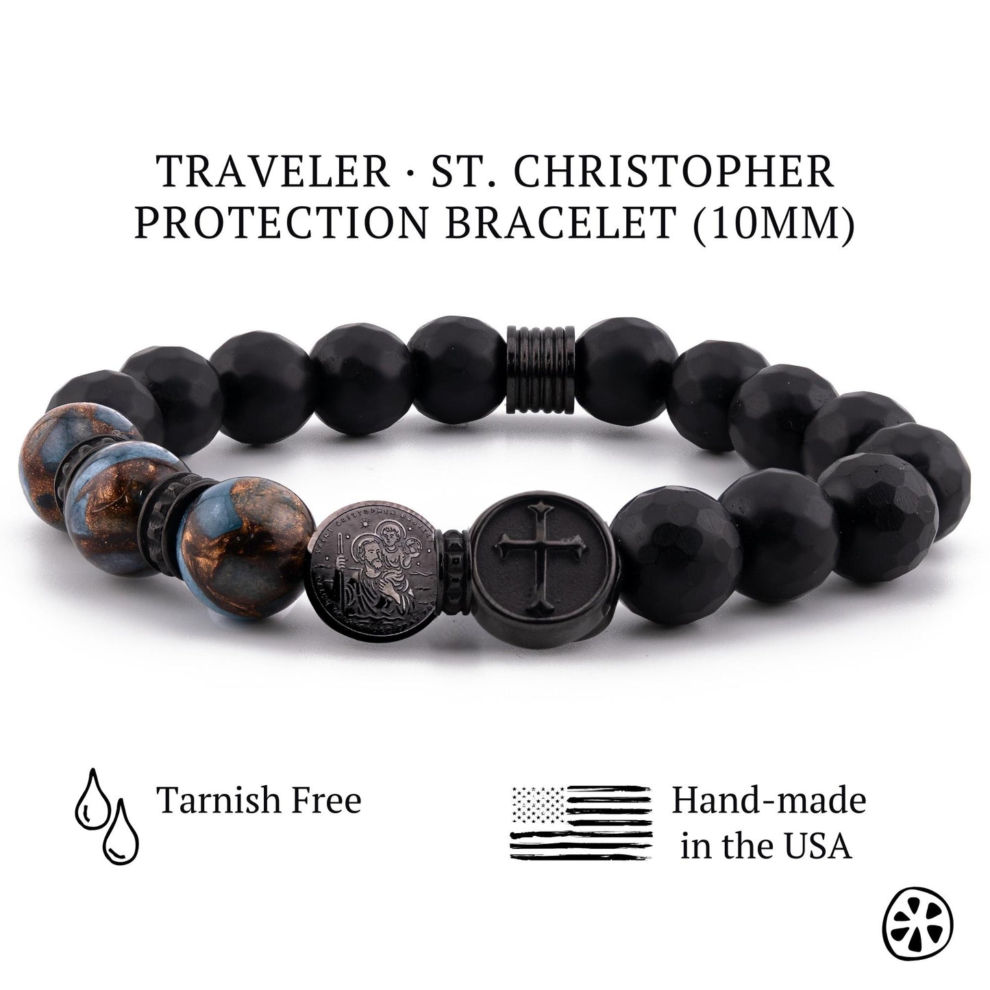St. Christopher traveler protection bracelet for men featuring black faceted matte onyx beads and lake blue cloisonné earth-inspired beads. Handmade Catholic bracelet with dual-sided St. Christopher medal and cross charm in tarnish-free black PVD stainless steel. 10mm beads on stretch cord, masculine faith jewelry designed for protection, guidance, and safe travels. Handcrafted in the USA.