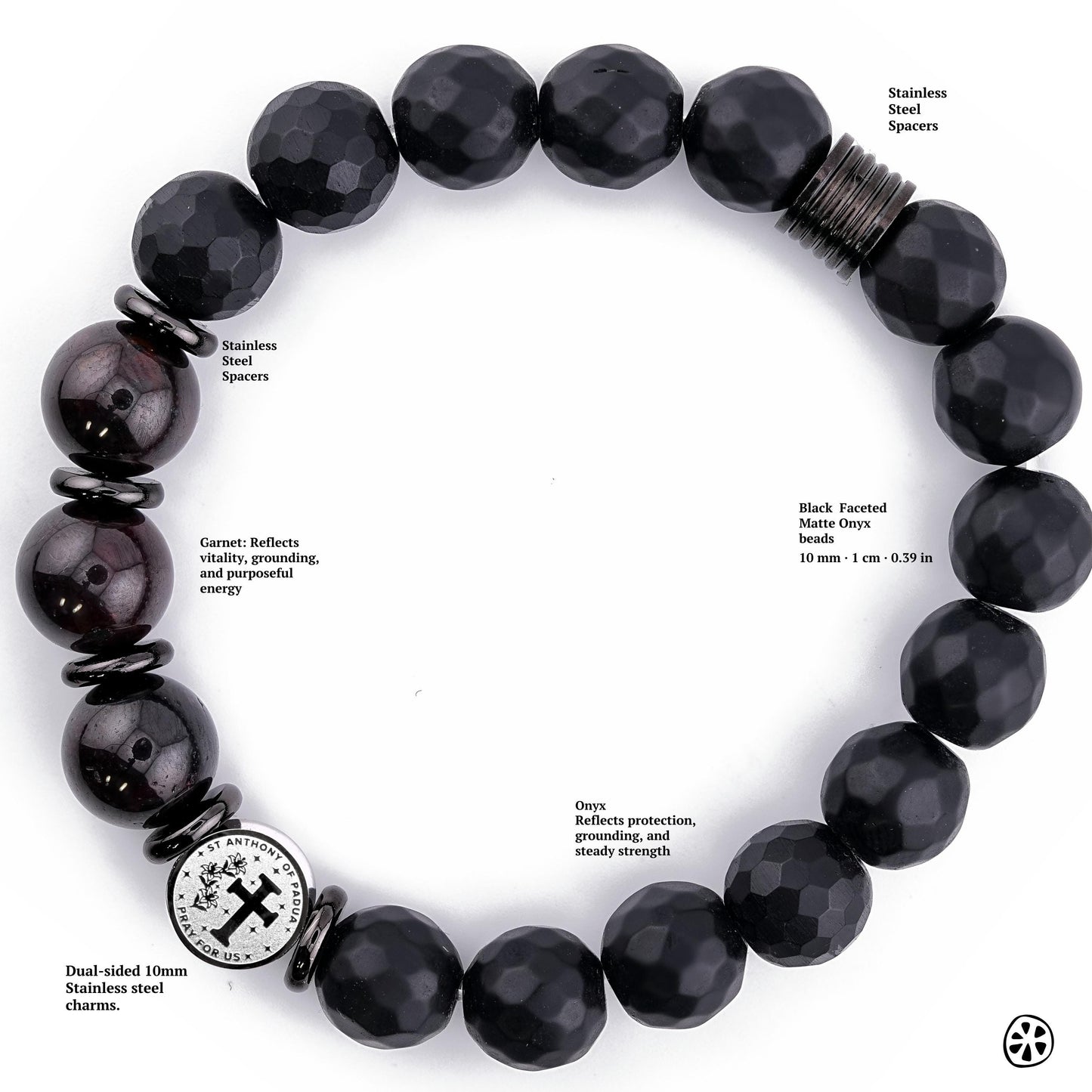Close-up diagram of a handmade St. Anthony of Padua bracelet featuring 10mm Black Faceted Onyx beads, deep Garnet stones, and tarnish-free stainless steel spacers. The image highlights each material with labeled text, including the dual-sided St. Anthony medal, grounding Onyx properties, and Garnet’s purposeful energy. Clean white background showcases the bracelet’s craftsmanship and spiritual design.