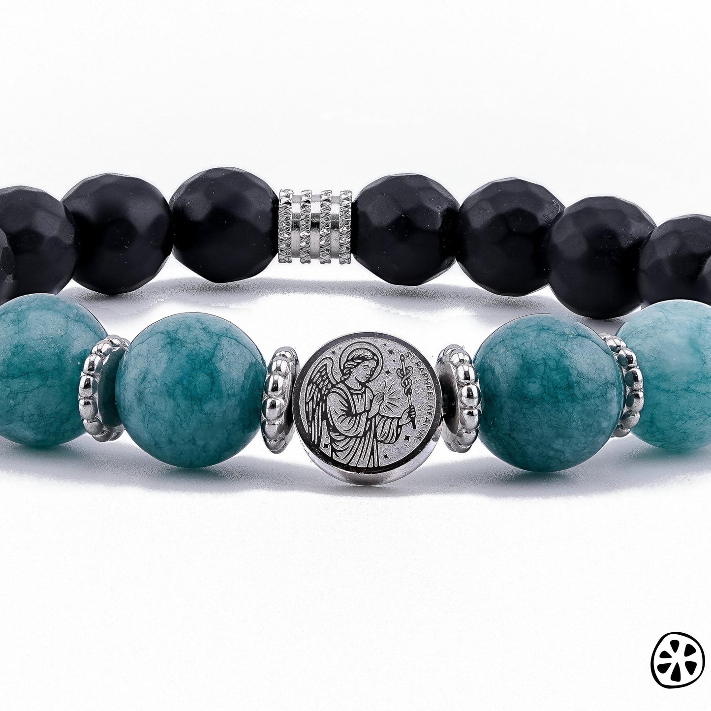 Archangel Raphael Sigil Protection Bracelet,  Aquamarine Teal & Matte Black Onyx Healing Protection Religious Gift for Him or Her, Unisex