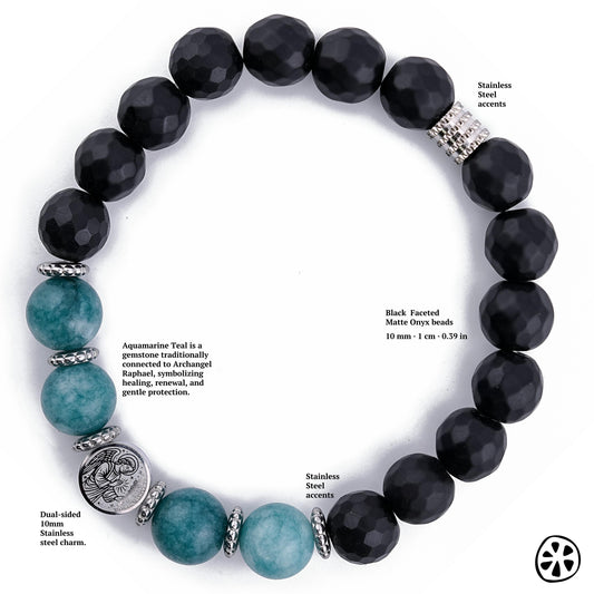 Archangel Raphael Sigil Protection Bracelet,  Aquamarine Teal & Matte Black Onyx Healing Protection Religious Gift for Him or Her, Unisex