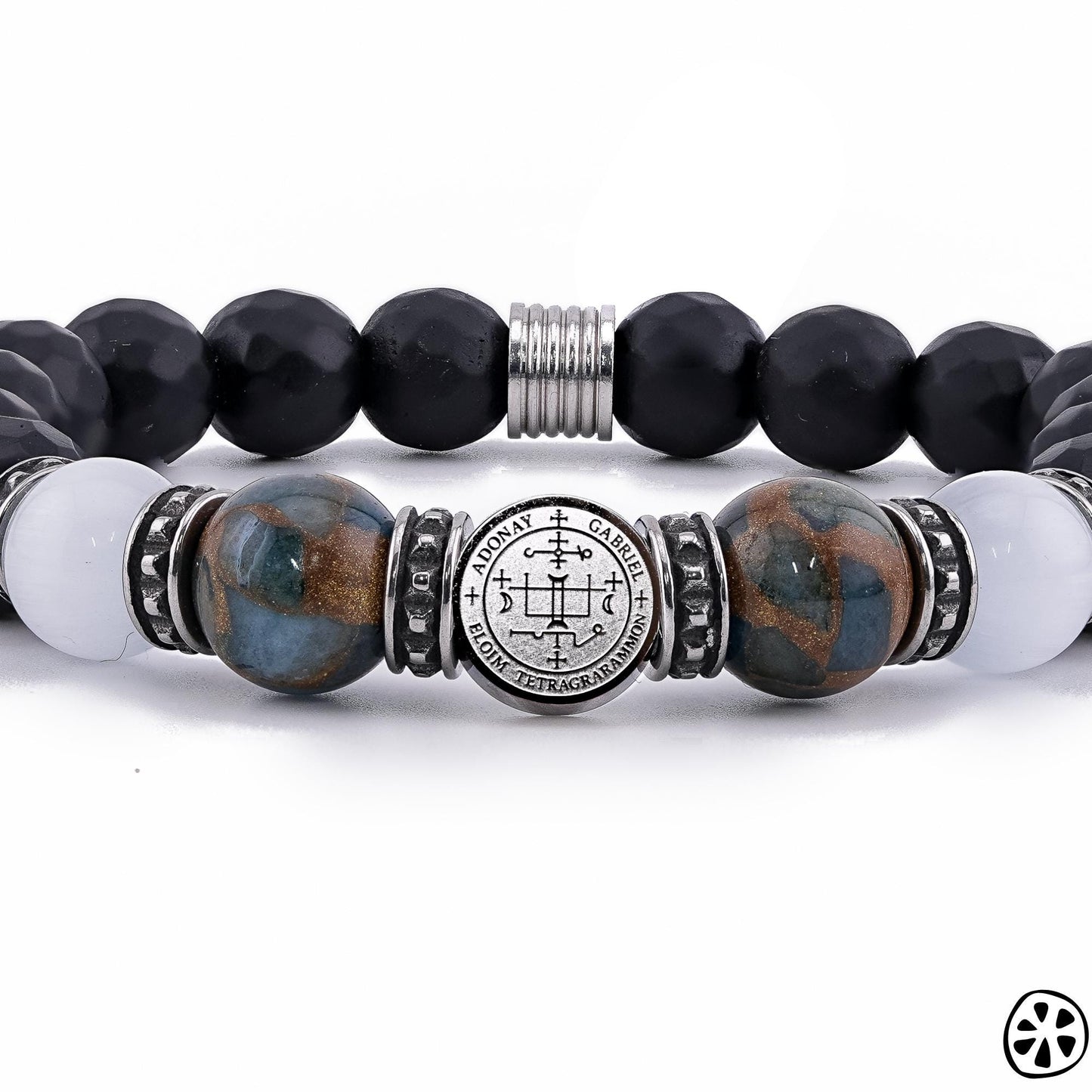 Saint Gabriel Sigil  Protection Bracelet · Black Onyx, Selenite & Cloisonné · Stainless Steel Charm · Catholic Protection Gift for Him/Her