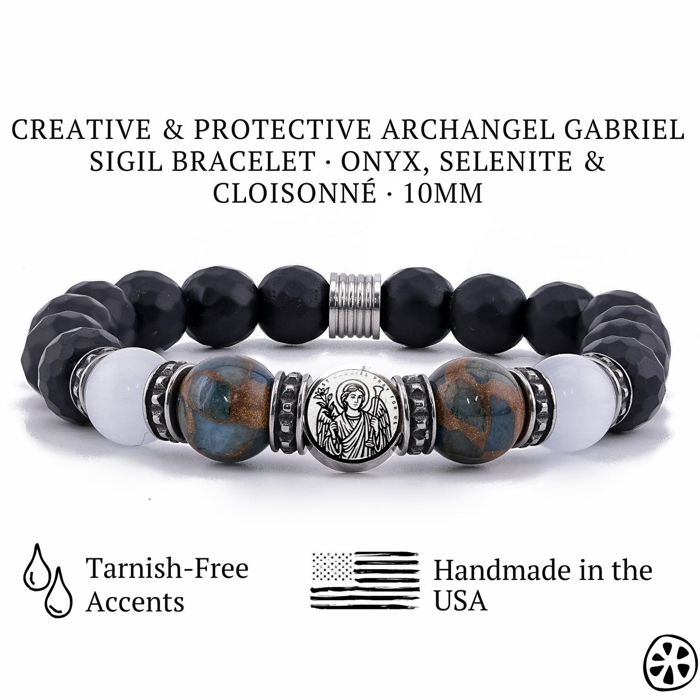 Creative and Protective Archangel Gabriel Sigil Bracelet featuring 10mm black onyx, white selenite, and blue cloisonné gemstone beads with a detailed stainless-steel Gabriel medal. Includes tarnish-free accents and a durable stretch design, handmade in the USA. Spiritual protection bracelet for men and women, perfect for faith, prayer, and meaningful Catholic gifts.