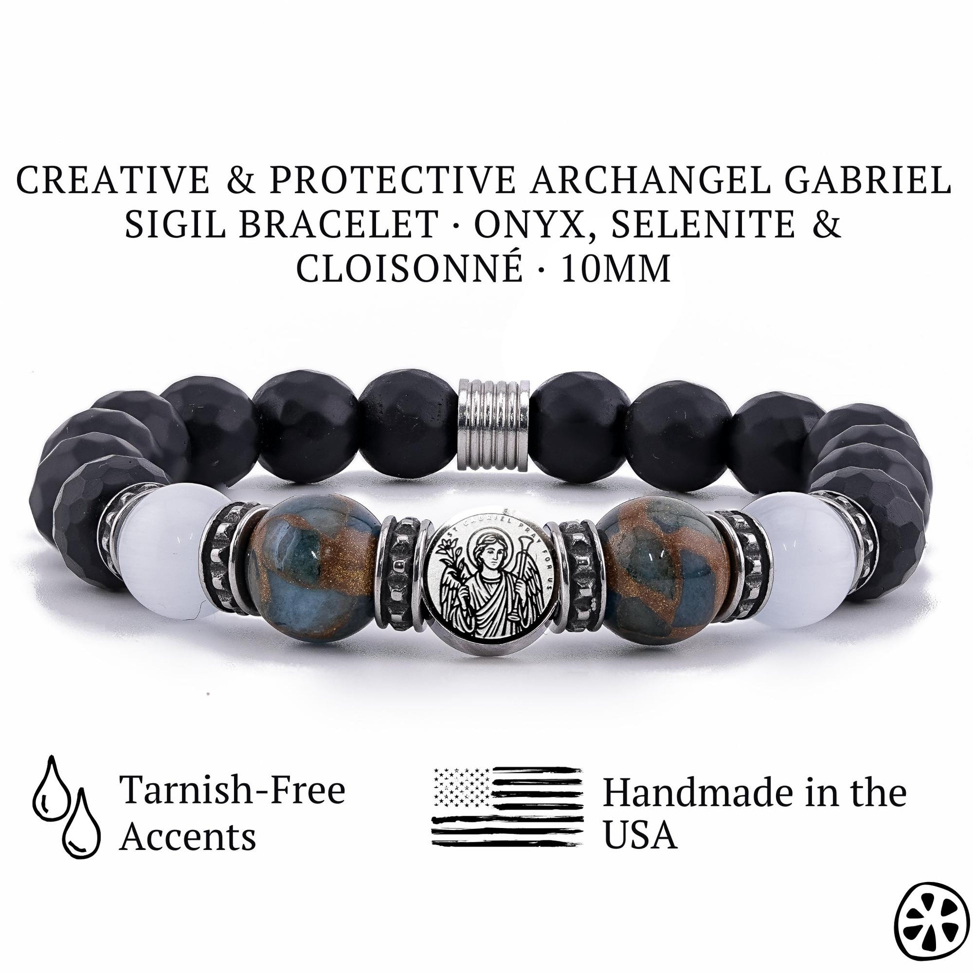 Creative and Protective Archangel Gabriel Sigil Bracelet featuring 10mm black onyx, white selenite, and blue cloisonné gemstone beads with a detailed stainless-steel Gabriel medal. Includes tarnish-free accents and a durable stretch design, handmade in the USA. Spiritual protection bracelet for men and women, perfect for faith, prayer, and meaningful Catholic gifts.