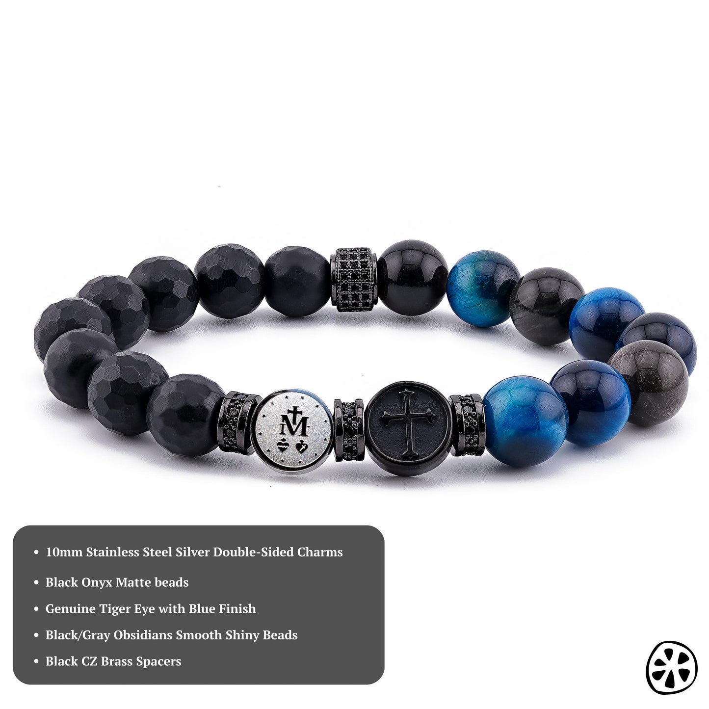 Product photo of a Miraculous Medal triple protection bracelet designed with 10mm black onyx matte beads, blue tiger eye gemstones, and smooth black-gray obsidian beads. The bracelet features double-sided stainless steel Miraculous Medal and cross charms, paired with black CZ-accented brass spacers. Shown on a clean white background with a materials info box detailing bead types and finishes.