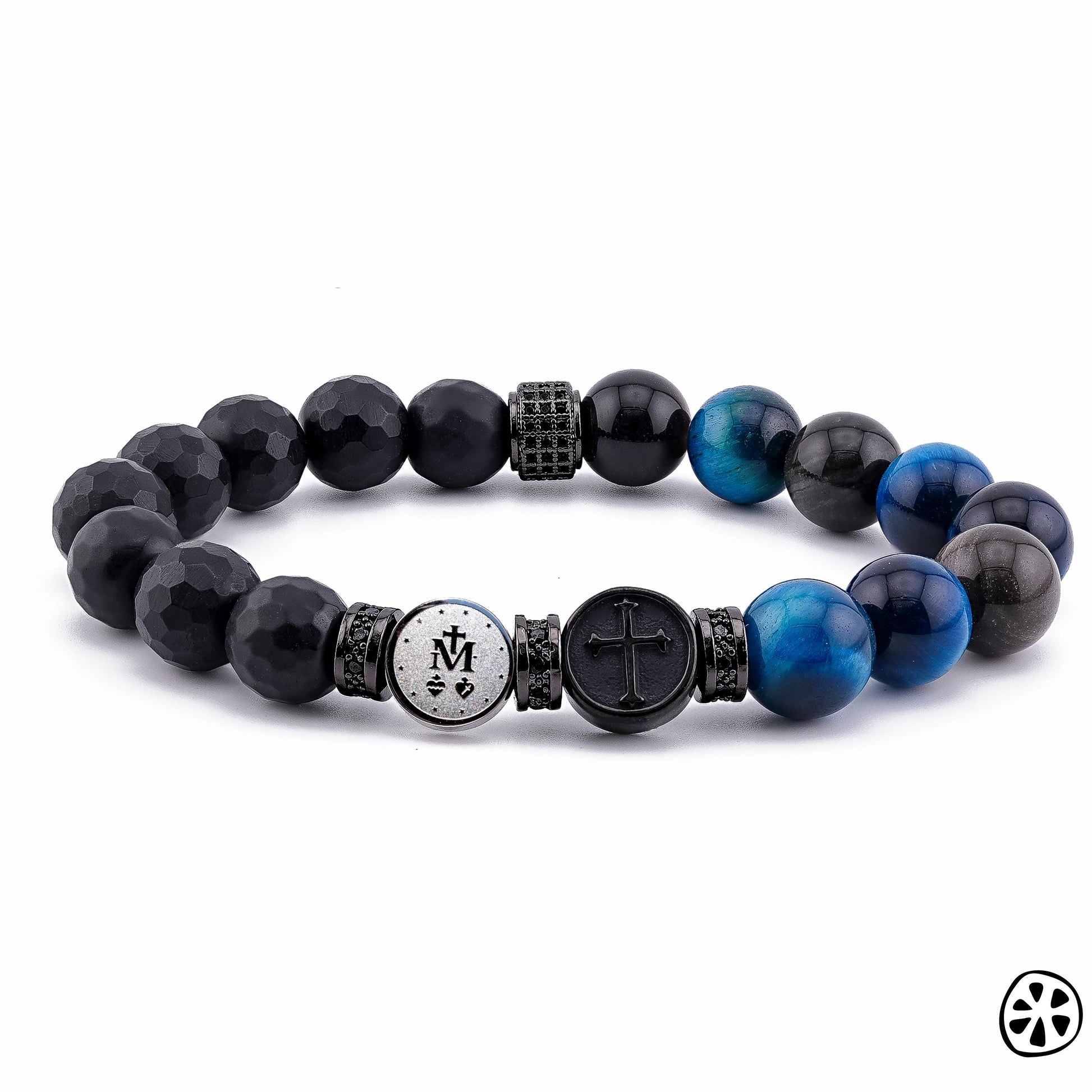 Miraculous Medal Triple Protection Bracelet · Electric Blue Tiger Eye, Gray Obsidian & Black Onyx · Stainless Steel Cross · Catholic Gift