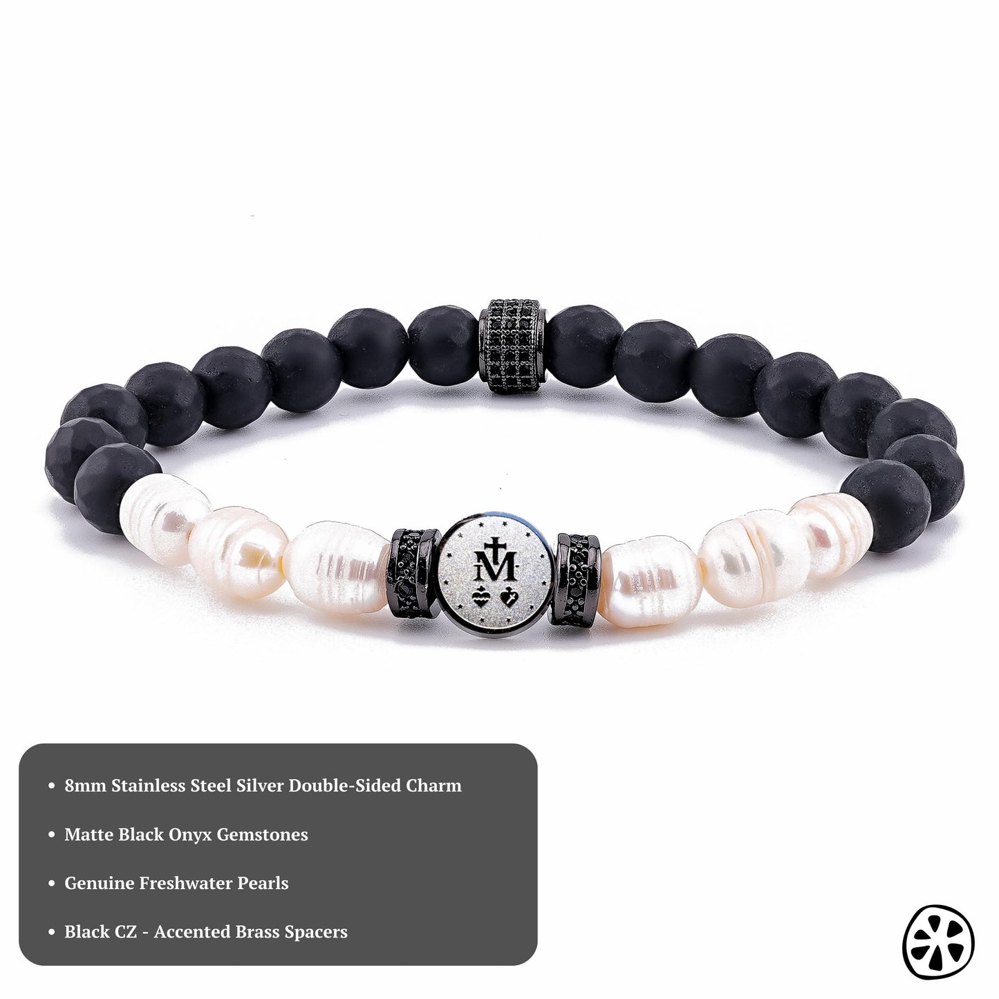 Product photo of a handmade Miraculous Medal bracelet featuring an 8mm double-sided stainless steel silver charm with the Marian symbol, paired with matte black onyx gemstones and genuine freshwater pearls. The bracelet includes black CZ-accented brass spacers and is displayed on a clean white background with a small info box listing materials. Catholic men’s religious bracelet and faith-inspired accessory.