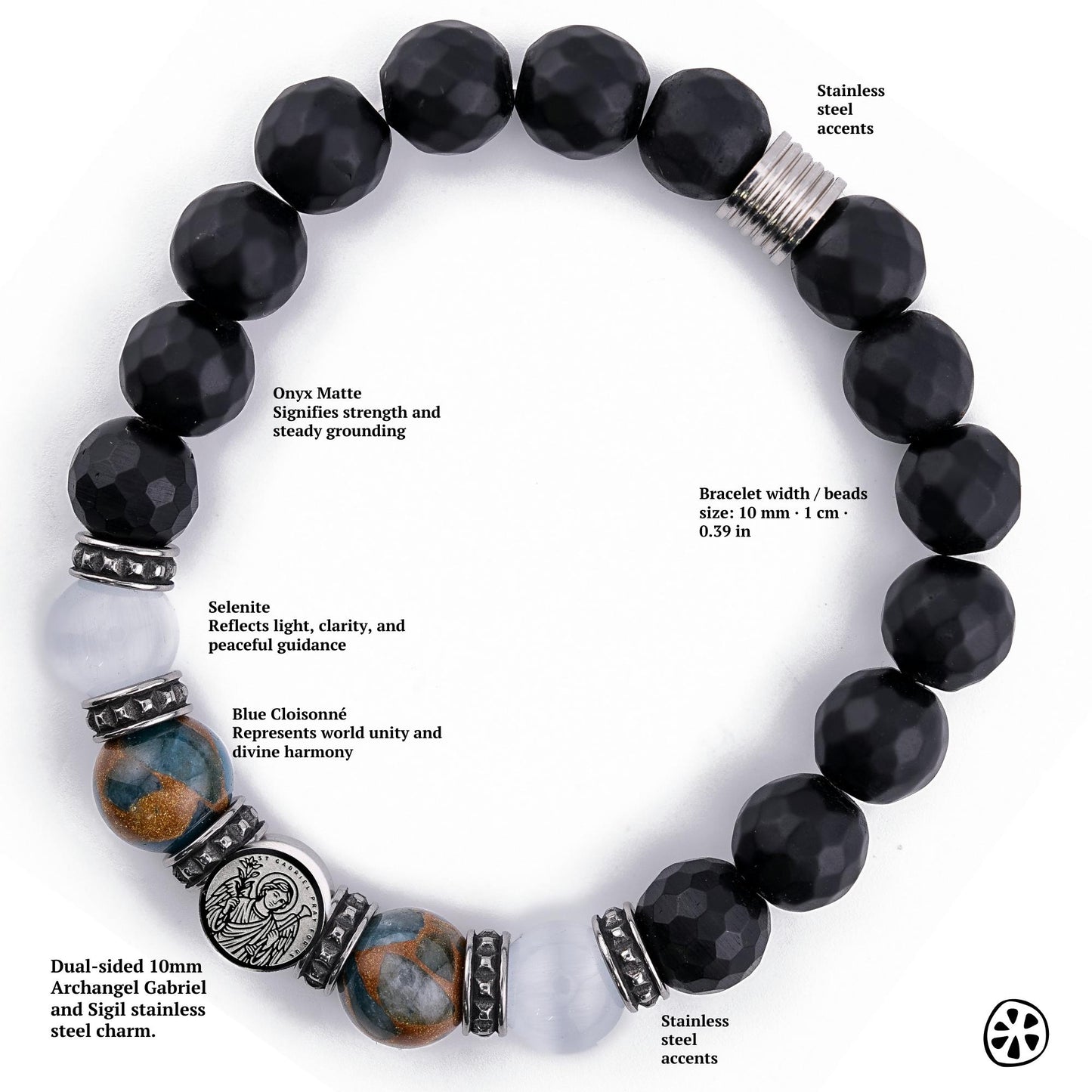 Saint Gabriel Sigil  Protection Bracelet · Black Onyx, Selenite & Cloisonné · Stainless Steel Charm · Catholic Protection Gift for Him/Her