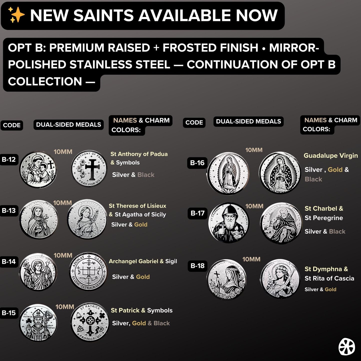 Premium stainless steel Catholic saint medal with raised frosted finish. Double-sided design featuring St Anthony, St Therese, St Charbel, St Dymphna, St Patrick, Archangel Gabriel, or Guadalupe Virgin depending on the code. Available in silver, gold, or black for protection, healing, and devotion. Ideal for necklaces, bracelets, keychains, or religious gifts.