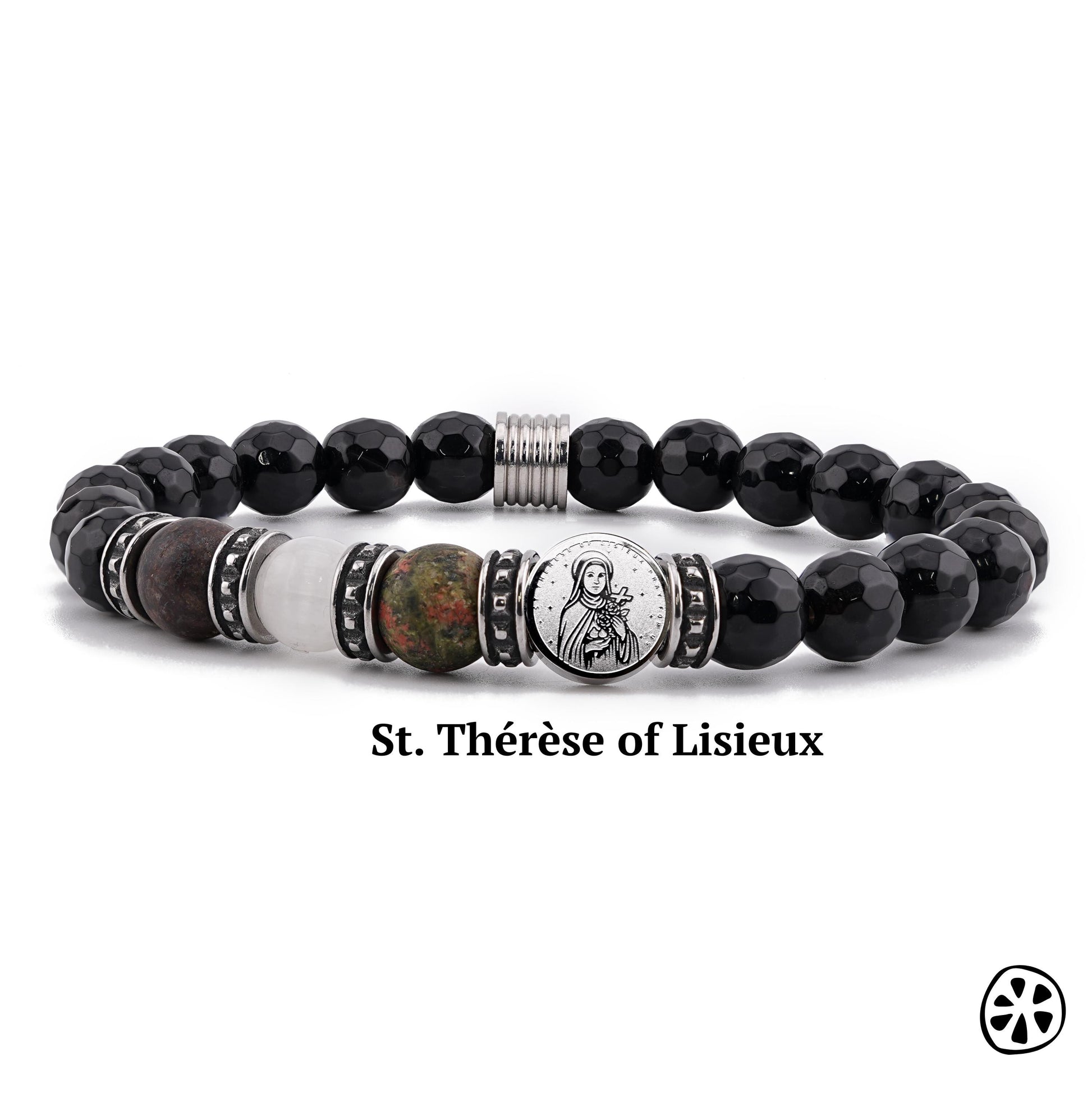 St. Thérèse of Lisieux protection bracelet displayed on a white background, featuring 8mm faceted black onyx beads and natural gemstones including bronzite, selenite, and unakite. Centered with a dual-sided stainless steel St. Thérèse charm and tarnish-free metal accents. Handmade Catholic bracelet designed for spiritual protection, devotion, and everyday wear. Shows full bracelet in a clean, minimal presentation.