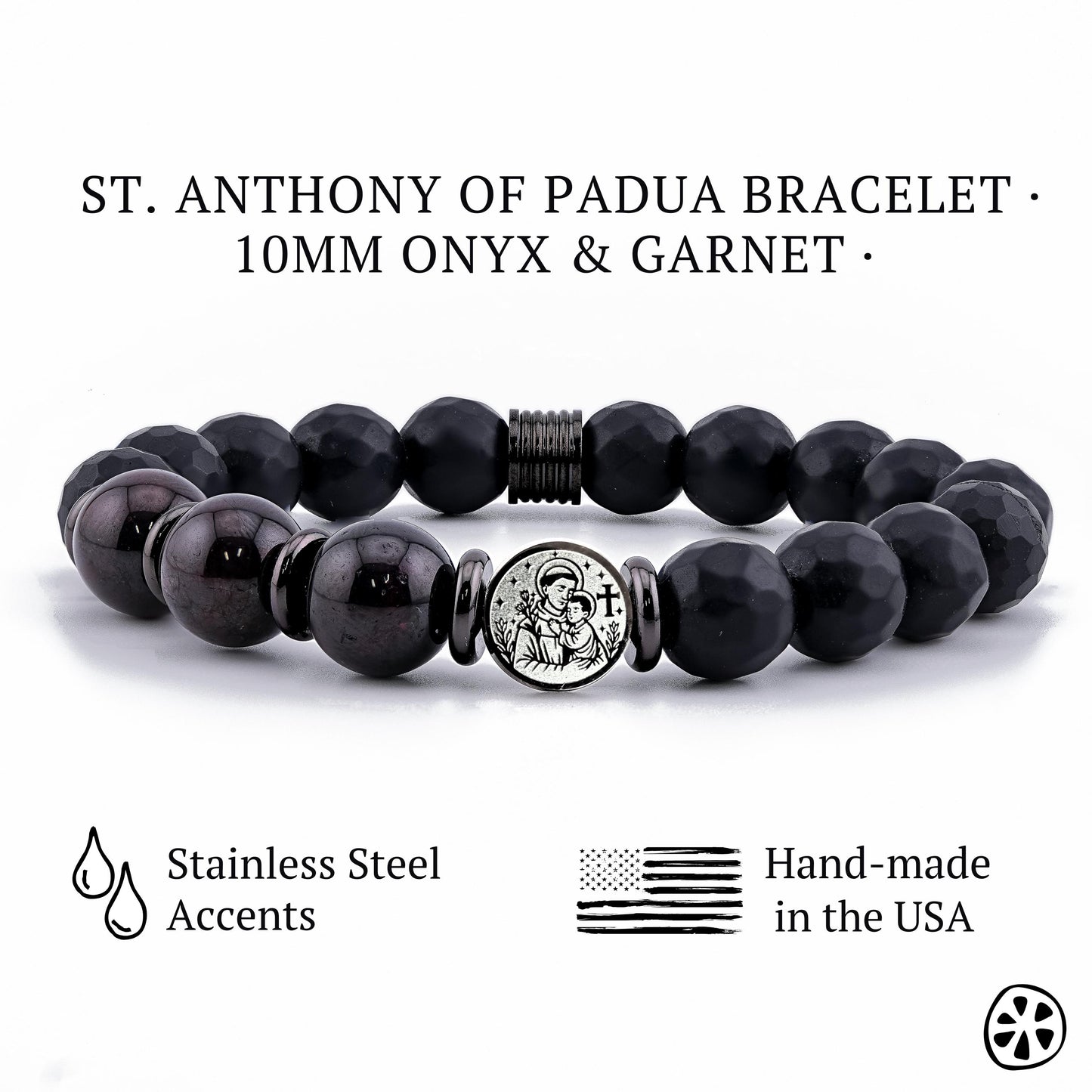 Elegant St. Anthony of Padua bracelet featuring 10mm Black Onyx and Garnet gemstone beads with tarnish-free stainless steel spacers and a double-sided St. Anthony medal. Presented on a clean white background, this handmade Catholic protection bracelet highlights its polished finish, durable materials, and unisex design—perfect for spiritual gifts, faith jewelry, and religious bracelets for men and women.