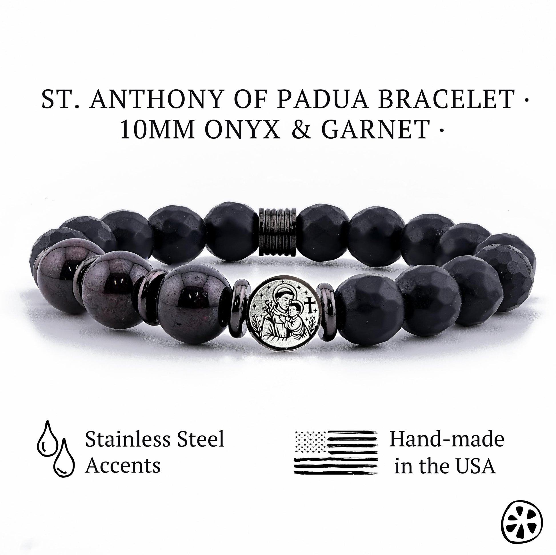 Elegant St. Anthony of Padua bracelet featuring 10mm Black Onyx and Garnet gemstone beads with tarnish-free stainless steel spacers and a double-sided St. Anthony medal. Presented on a clean white background, this handmade Catholic protection bracelet highlights its polished finish, durable materials, and unisex design—perfect for spiritual gifts, faith jewelry, and religious bracelets for men and women.