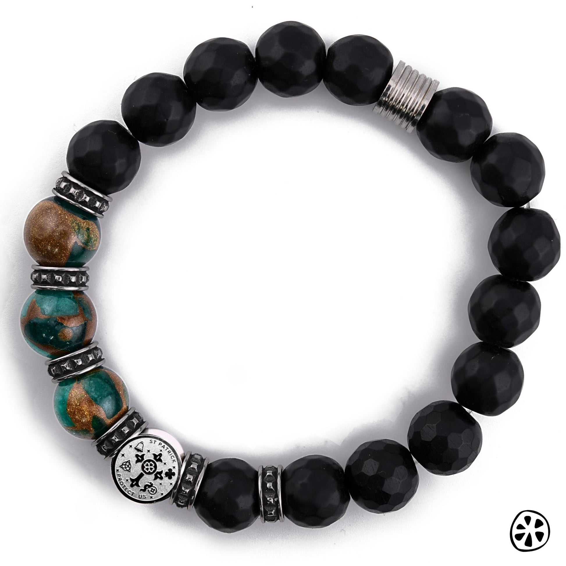 St. Patrick Protection Bracelet, Green Cloisonné & Black Onyx 10mm, Tarnish-Free Stainless Steel Catholic Men’s Gift