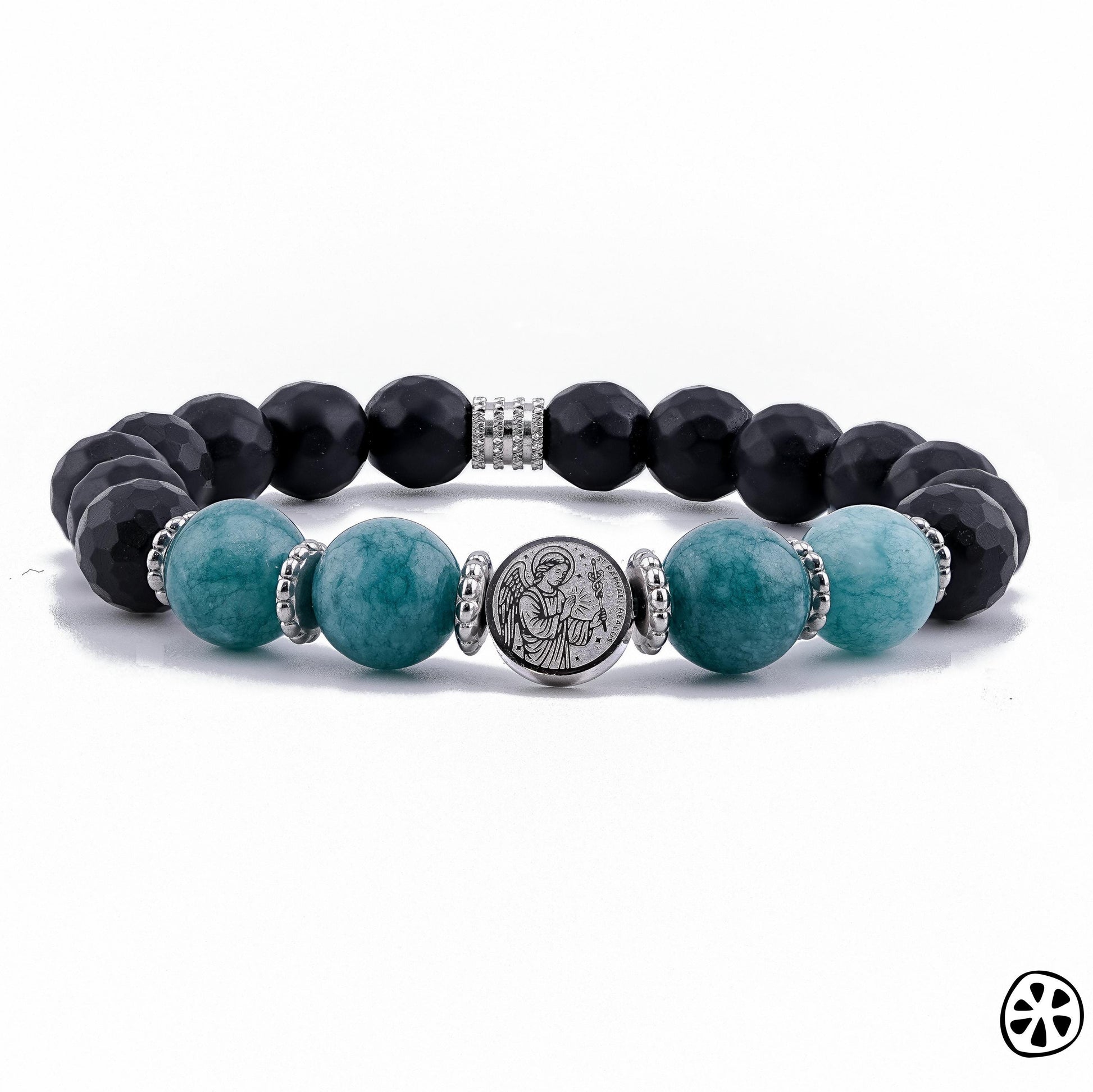 Archangel Raphael Sigil Protection Bracelet,  Aquamarine Teal & Matte Black Onyx Healing Protection Religious Gift for Him or Her, Unisex