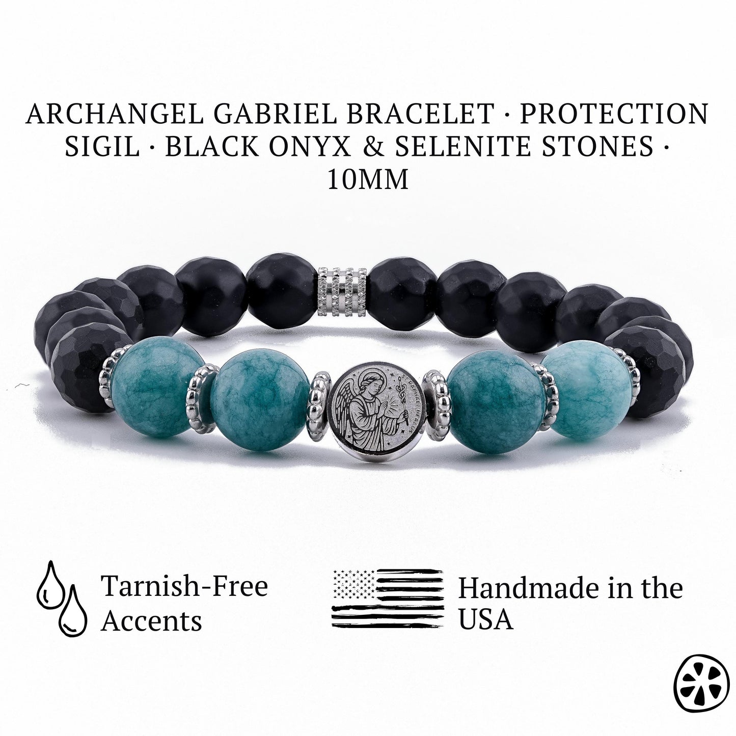 Archangel Raphael Sigil Protection Bracelet,  Aquamarine Teal & Matte Black Onyx Healing Protection Religious Gift for Him or Her, Unisex