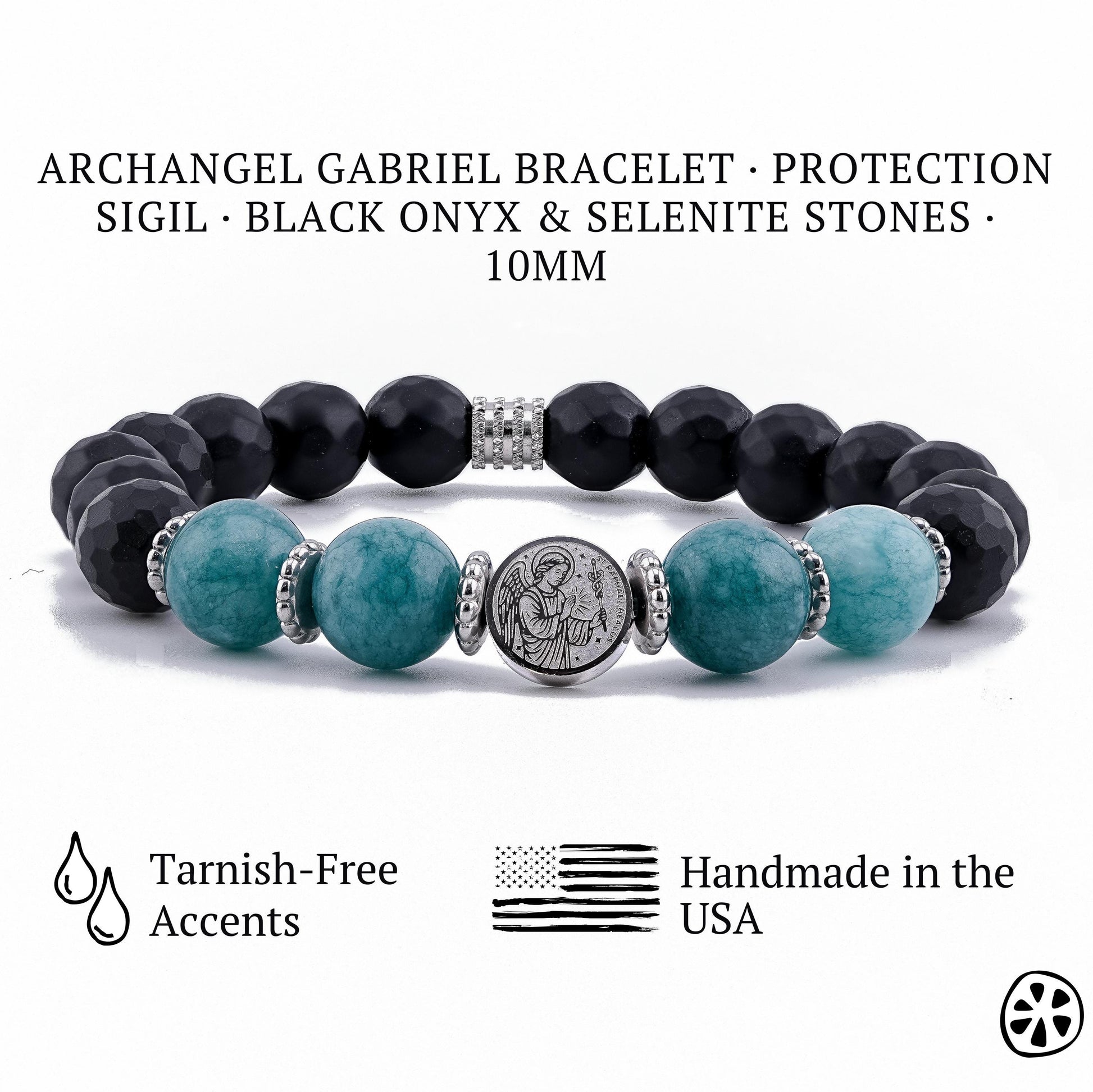 Archangel Raphael Sigil Protection Bracelet,  Aquamarine Teal & Matte Black Onyx Healing Protection Religious Gift for Him or Her, Unisex