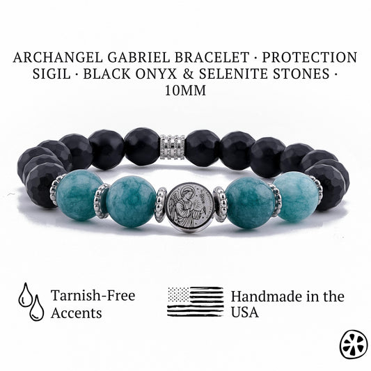 Archangel Raphael Sigil Protection Bracelet,  Aquamarine Teal & Matte Black Onyx Healing Protection Religious Gift for Him or Her, Unisex