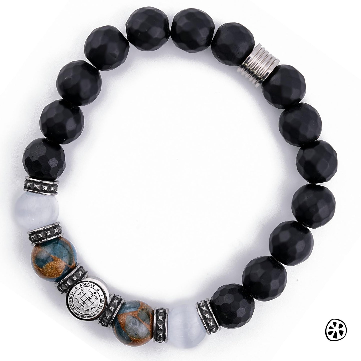 Archangel Gabriel Sigil Bracelet with 10mm matte black onyx, white selenite, and blue cloisonné gemstone beads, featuring a detailed stainless-steel Gabriel sigil charm and tarnish-free accents. Shown in a clean overhead view highlighting the bead texture and premium craftsmanship. Handmade spiritual protection bracelet for men and women, ideal for faith, prayer, and meaningful Catholic gifts.