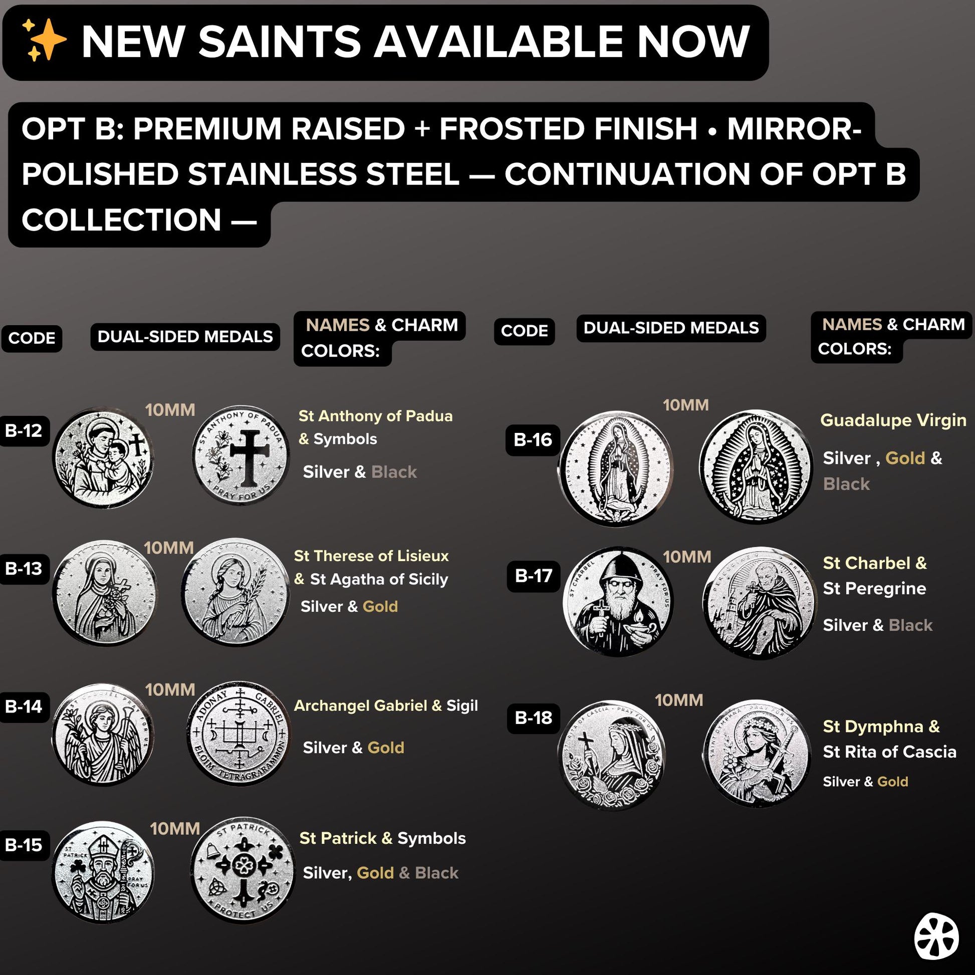 New 10mm stainless steel saint medals preview featuring St Anthony of Padua, St Therese of Lisieux, St Agatha of Sicily, Archangel Gabriel, St Patrick, Guadalupe Virgin, St Charbel, St Peregrine, St Dymphna and St Rita of Cascia. Premium raised and frosted finish in silver, gold and black options. Catholic jewelry components for handmade bracelets, religious medal charms, spiritual protection accessories.