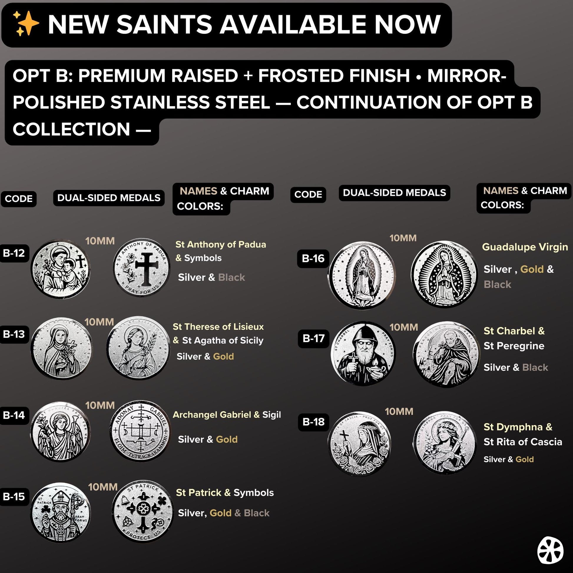 New 10mm stainless steel saint medals preview featuring St Anthony of Padua, St Therese of Lisieux, St Agatha of Sicily, Archangel Gabriel, St Patrick, Guadalupe Virgin, St Charbel, St Peregrine, St Dymphna and St Rita of Cascia. Premium raised and frosted finish in silver, gold and black options. Catholic jewelry components for handmade bracelets, religious medal charms, spiritual protection accessories.