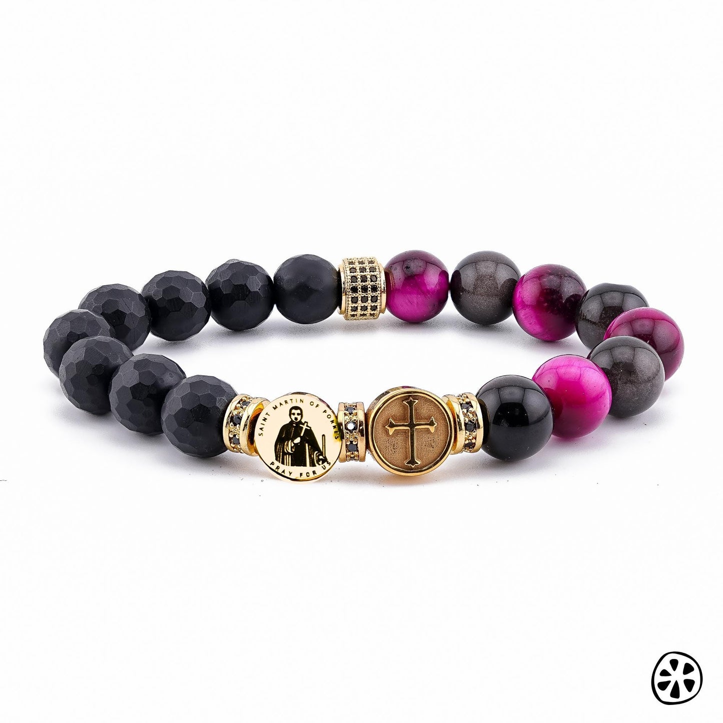 Catholic beaded bracelet featuring an 18k gold plated stainless steel St Martin de Porres medal and gold cross centerpiece with black faceted onyx beads and deep pink tiger eye gemstone beads. Handmade stretch rosary style bracelet with gold CZ spacer accents and mixed matte and polished gemstone textures. Durable tarnish resistant Catholic saint medal bracelet, Christian prayer jewelry for men or women, meaningful faith gift for confirmation, baptism, or everyday devotional wear.