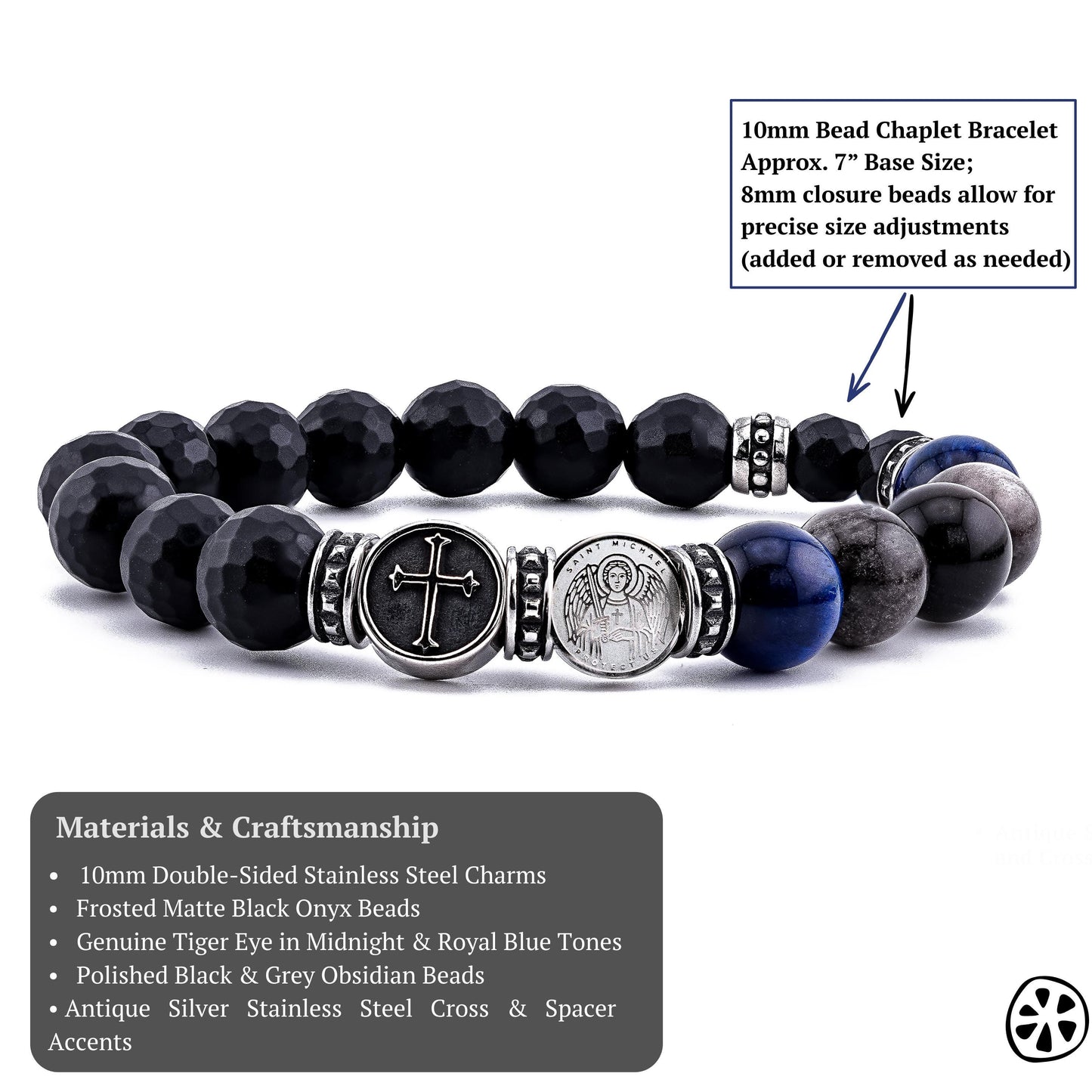 St Michael Rosary Chaplet Bracelet for Men, Catholic Protection Bracelet, Onyx Tiger Eye Obsidian, Police, Nurse, First Responder Gift