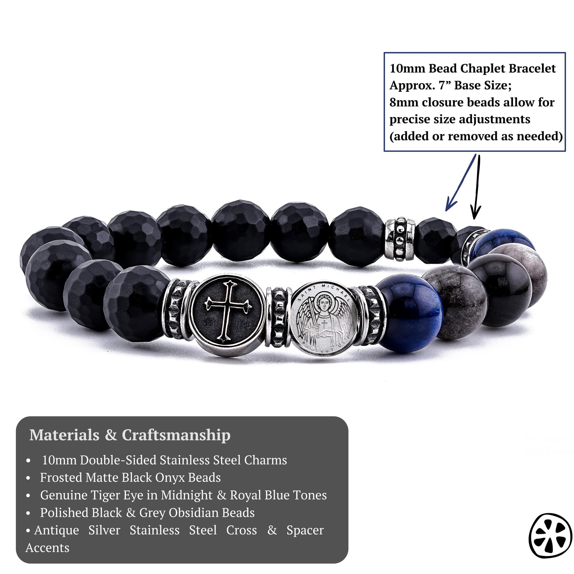 St Michael Rosary Chaplet Bracelet for Men, Catholic Protection Bracelet, Onyx Tiger Eye Obsidian, Police, Nurse, First Responder Gift