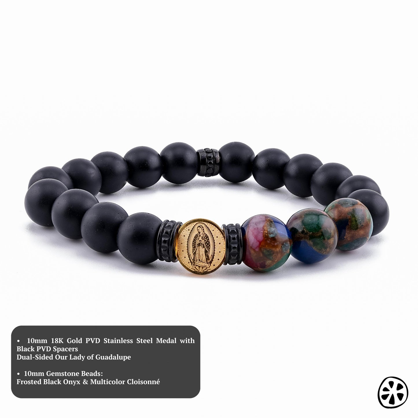 Our Lady of Guadalupe bracelet with 10mm frosted black onyx beads and multicolor cloisonné accents, featuring a dual-sided gold-tone Guadalupe medal and black PVD stainless steel spacers. Handmade Catholic jewelry for men and unisex wear, crafted with durable stainless steel components. A meaningful faith bracelet ideal for prayer, daily wear, or gifting. Perfect Catholic gift for confirmation, baptism, Christmas, or religious devotion.