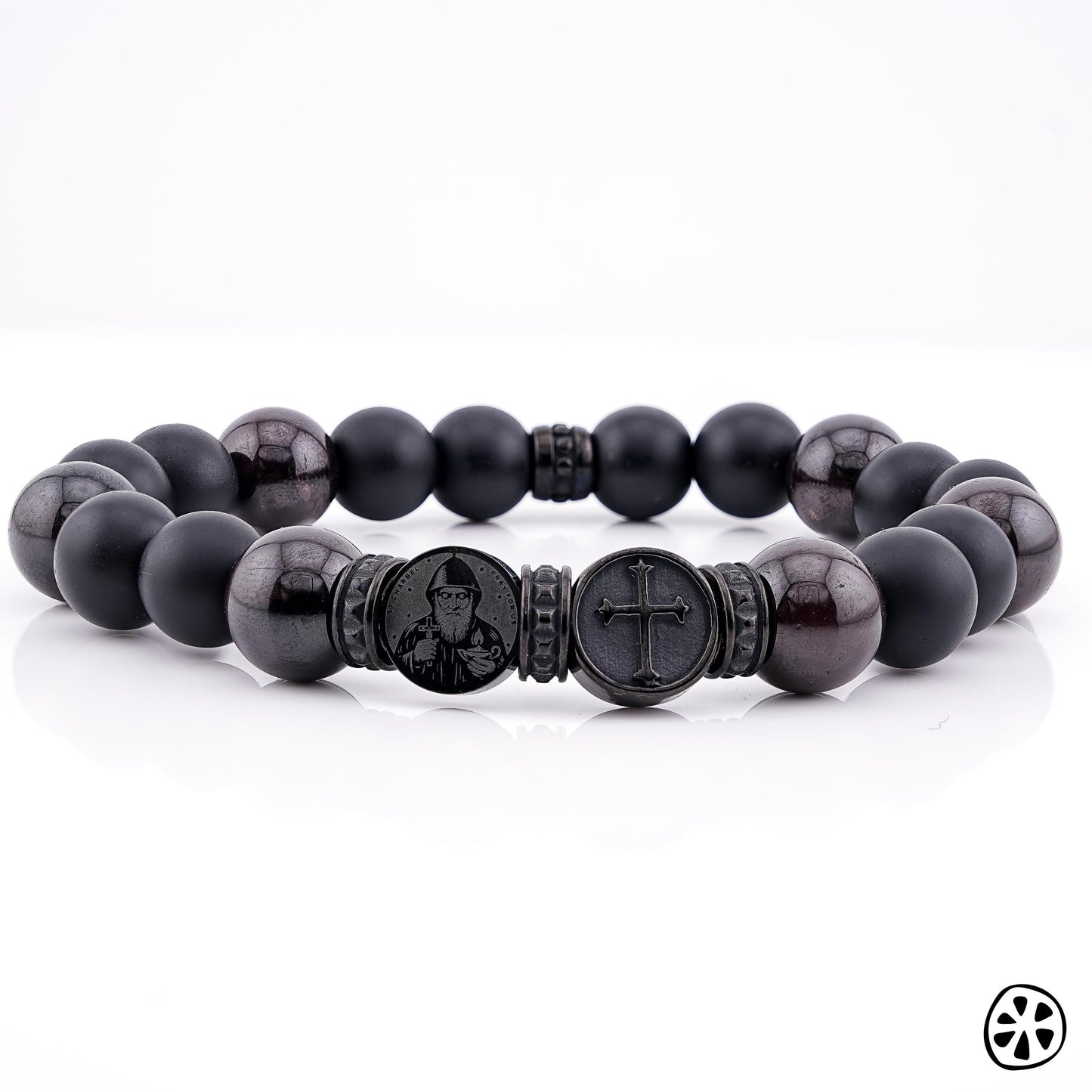 Men’s St. Charbel and cross bracelet, matte black onyx and polished garnet gemstone beads 10mm, Catholic men’s jewelry, black PVD stainless steel dual sided medal with St. Charbel and cross, handmade in USA, faith bracelet for men, protection bracelet, rosary chaplet style, Christian jewelry, masculine stretch bracelet, spiritual gift for him, premium gemstone bracelet, religious bracelet men unisex, gift for dad husband boyfriend
