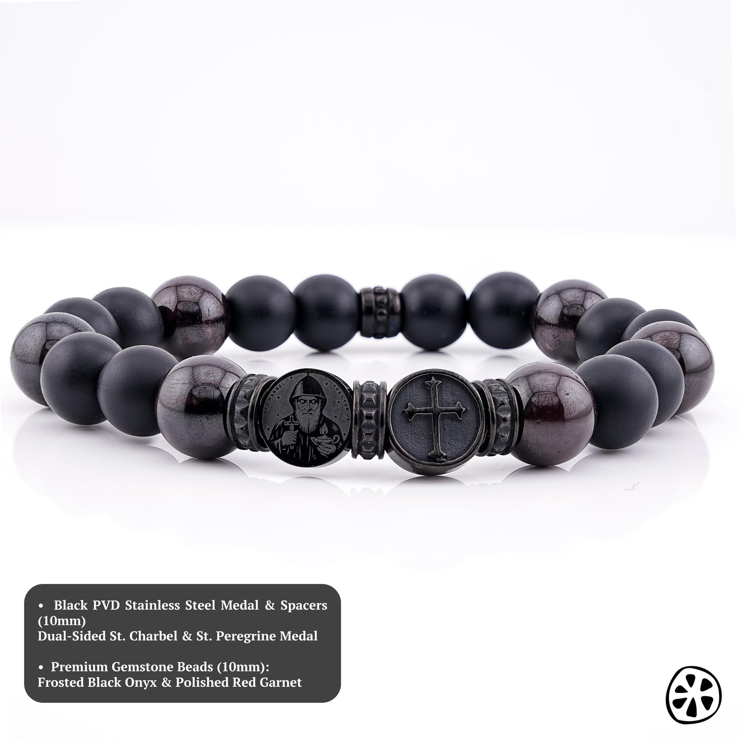 Men’s St. Charbel and St. Peregrine bracelet with cross, matte black onyx and polished garnet gemstone beads 10mm, Catholic men’s jewelry, black PVD stainless steel dual sided medal and spacers, handmade in USA, faith bracelet for men, protection bracelet, rosary chaplet style, Christian jewelry, spiritual gift for him, durable stretch bracelet, luxury masculine accessory, gift for dad husband boyfriend, religious bracelet men unisex, premium gemstone bracelet