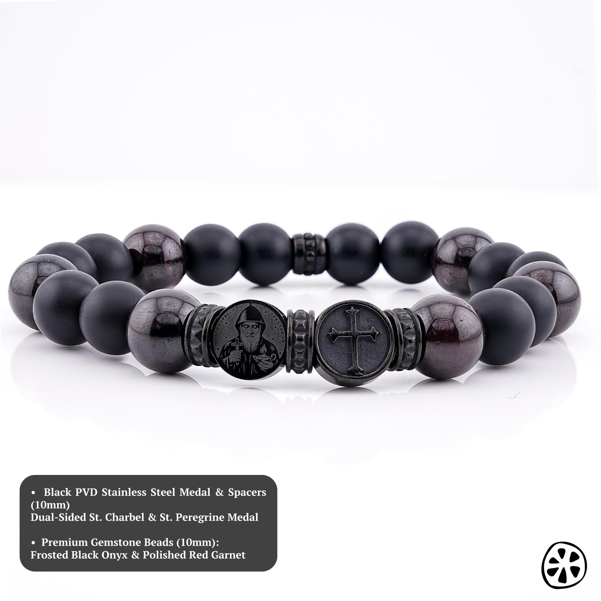 Men’s St. Charbel and St. Peregrine bracelet with cross, matte black onyx and polished garnet gemstone beads 10mm, Catholic men’s jewelry, black PVD stainless steel dual sided medal and spacers, handmade in USA, faith bracelet for men, protection bracelet, rosary chaplet style, Christian jewelry, spiritual gift for him, durable stretch bracelet, luxury masculine accessory, gift for dad husband boyfriend, religious bracelet men unisex, premium gemstone bracelet