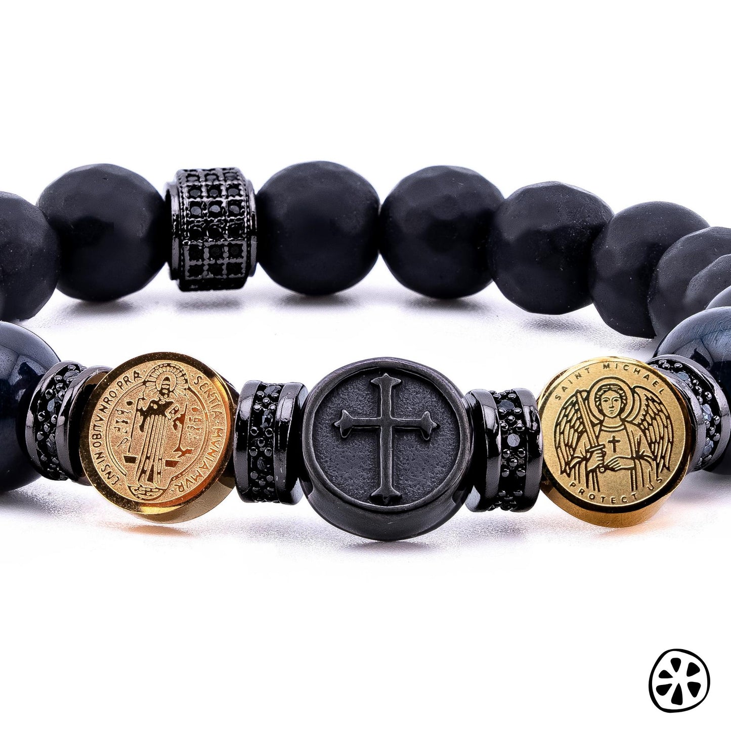 Handmade Catholic protection bracelet featuring Saint Michael, Saint Benedict, and Cross charms on 18K gold-plated stainless steel medals. Crafted with genuine Blue Tiger Eye gemstones and Black Matte Onyx beads (10mm), this unisex faith bracelet symbolizes strength, clarity, and spiritual defense. A chaplet-style rosary bracelet, perfect Christian gift for men or women, baptism, confirmation, Father’s Day, or daily prayer and meditation jewelry.