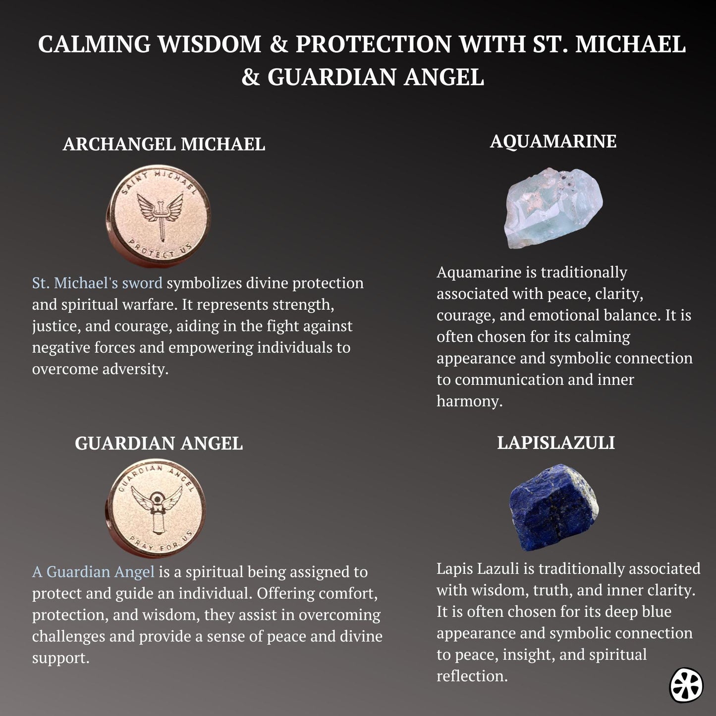 Catholic St. Michael and Guardian Angel bracelet infographic featuring aquamarine and lapis lazuli gemstone meanings. Faith inspired bracelet traditionally associated with peace, wisdom, emotional balance, clarity, courage, guidance, and protection. Includes reversible rose gold stainless steel saint medal designs with calming blue gemstones and luxury crystal spacers. Meaningful gift for nurses, caregivers, healthcare workers, mothers, teachers, and loved ones seeking comfort and encouragement.