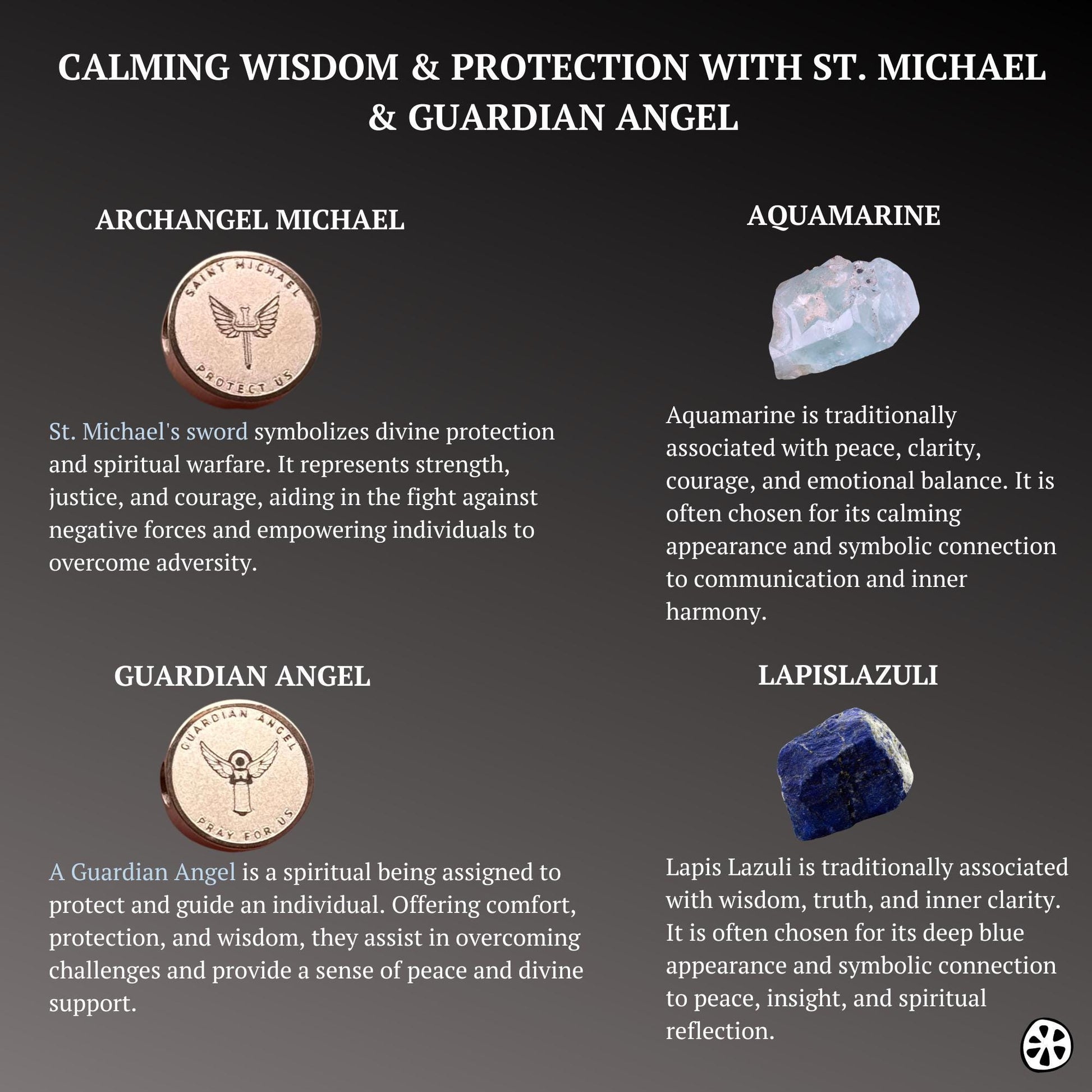 Catholic St. Michael and Guardian Angel bracelet infographic featuring aquamarine and lapis lazuli gemstone meanings. Faith inspired bracelet traditionally associated with peace, wisdom, emotional balance, clarity, courage, guidance, and protection. Includes reversible rose gold stainless steel saint medal designs with calming blue gemstones and luxury crystal spacers. Meaningful gift for nurses, caregivers, healthcare workers, mothers, teachers, and loved ones seeking comfort and encouragement.