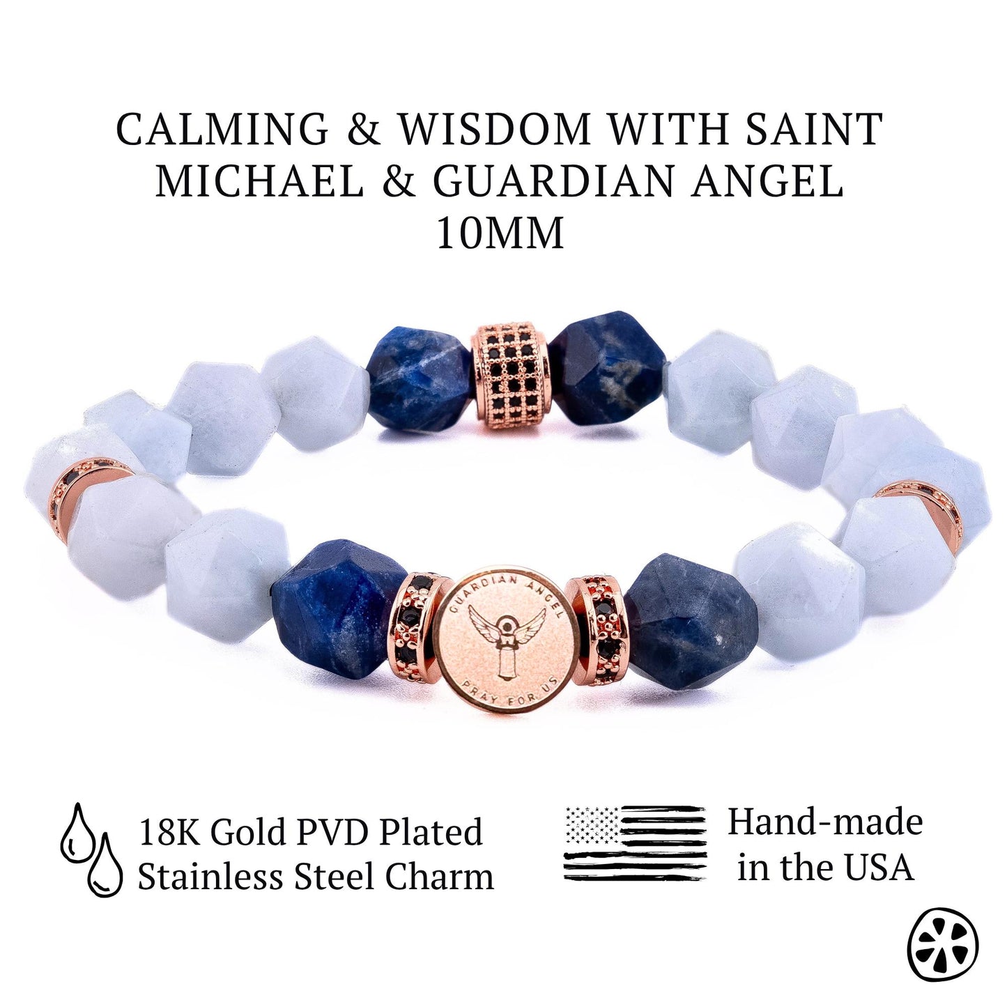 This bracelet combines powerful elements: Archangel Michael's sword for protection and strength, the Guardian Angel for guidance and support, and the soothing energies of blue aquamarine and lapis lazuli for clarity, peace, and wisdom. Together, they create a balanced shield of spiritual protection, mental clarity, emotional healing, and divine guidance, empowering the wearer to face challenges with confidence and calmness while enhancing their connection to higher energies.