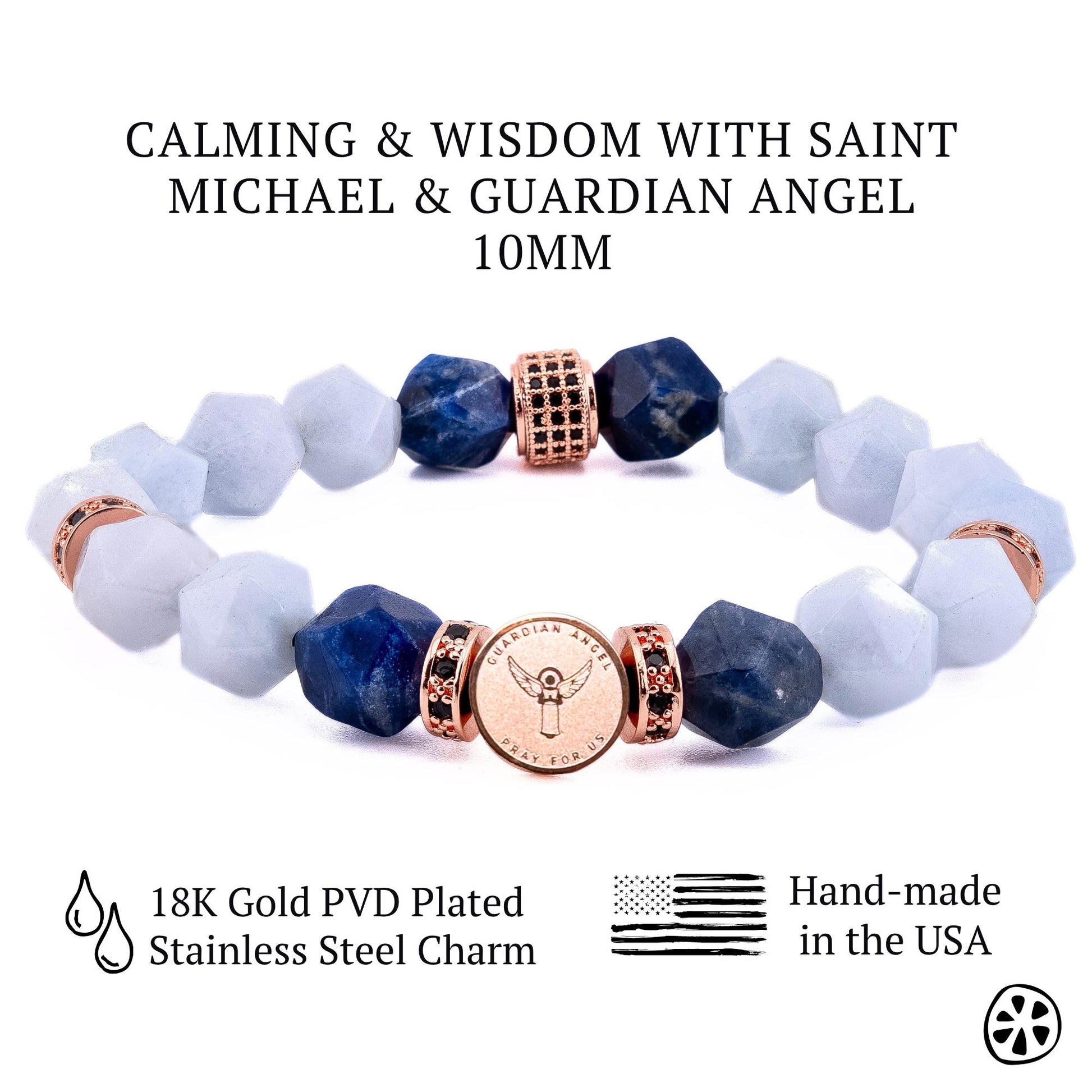This bracelet combines powerful elements: Archangel Michael's sword for protection and strength, the Guardian Angel for guidance and support, and the soothing energies of blue aquamarine and lapis lazuli for clarity, peace, and wisdom. Together, they create a balanced shield of spiritual protection, mental clarity, emotional healing, and divine guidance, empowering the wearer to face challenges with confidence and calmness while enhancing their connection to higher energies.