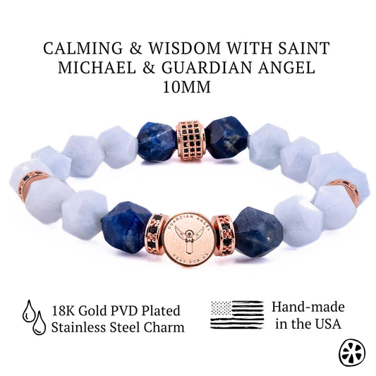 This bracelet combines powerful elements: Archangel Michael's sword for protection and strength, the Guardian Angel for guidance and support, and the soothing energies of blue aquamarine and lapis lazuli for clarity, peace, and wisdom. Together, they create a balanced shield of spiritual protection, mental clarity, emotional healing, and divine guidance, empowering the wearer to face challenges with confidence and calmness while enhancing their connection to higher energies.