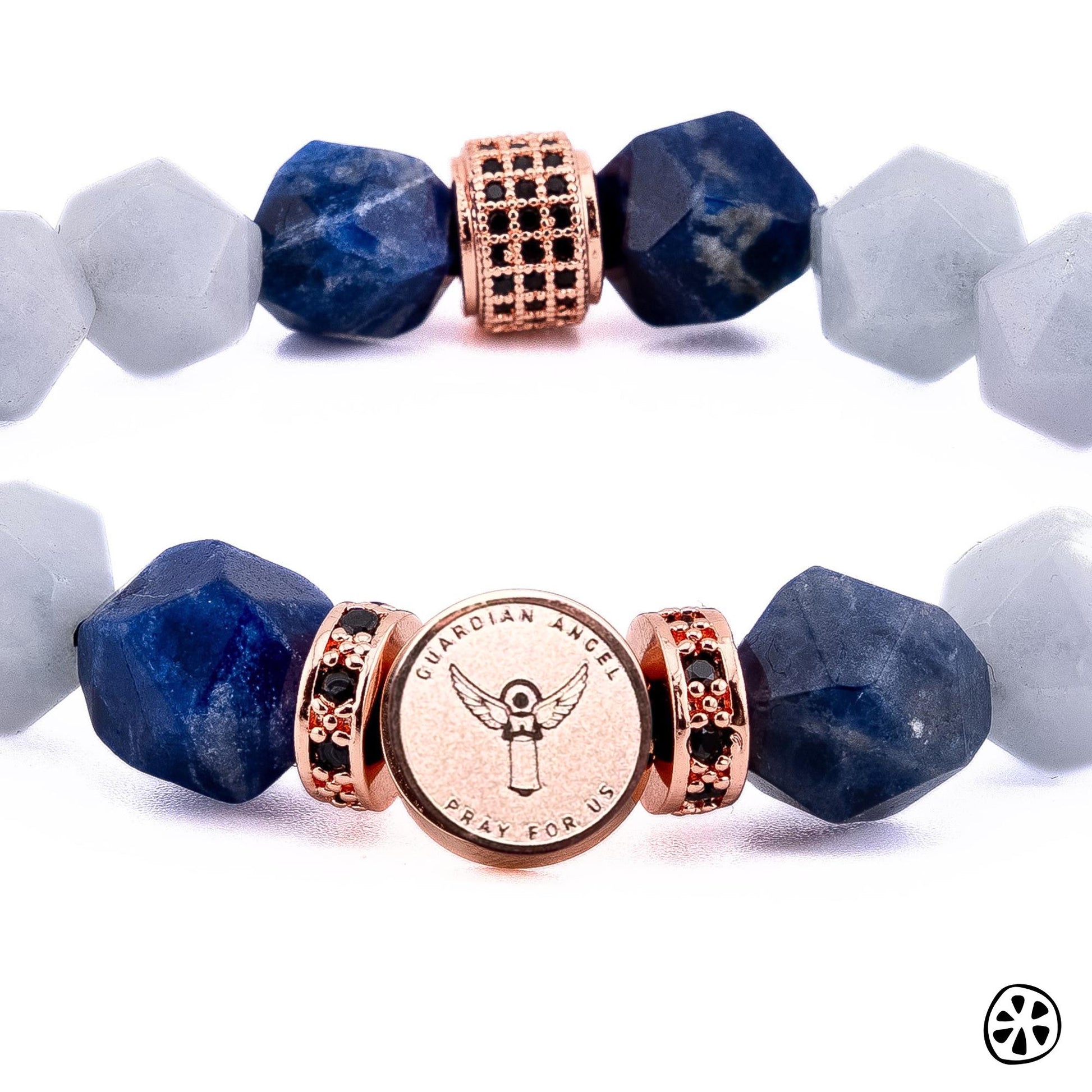 Guardian Angel bracelet with faceted aquamarine and blue sodalite gemstones, featuring a reversible 18K rose gold PVD plated stainless steel medal charm and rose gold CZ brass crystal spacers. Designed as a meaningful Catholic inspired bracelet traditionally associated with peace, clarity, emotional balance, guidance, and protection. A thoughtful gift for nurses, caregivers, healthcare workers, teachers, mothers, and loved ones seeking comfort and encouragement.